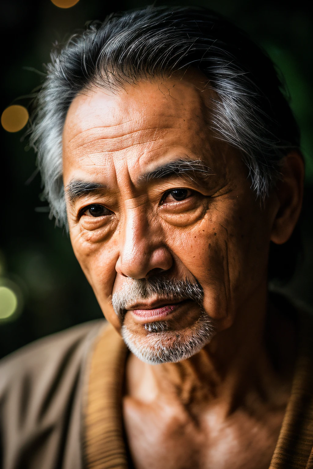 ​masterpiece, Handsome elderly samurai walking in jungle at night among fireflies, (High Detail: 1 1), rough face, Natural skin, hightquality, NSFW, beautidful eyes, (detailed faces and eyes), (faces: 1 2), Noise, extra, Real Photographics, .PSD, lamp film photography, foco nítido, Contrast lighting, detailedskin, High resolution 8K, Crazy details, realist, professional photograpy, 8K UHD, SLR camera, softlighting, hightquality, grain of film, FUJI XT3