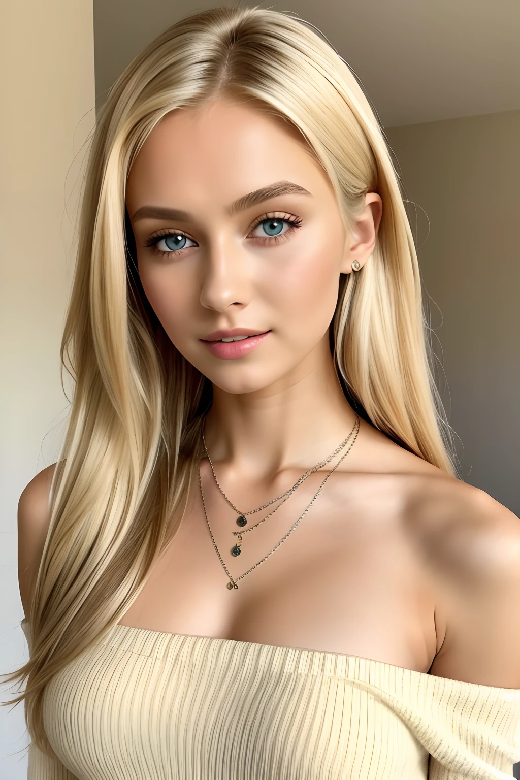 1girl in, age19, Solo, Long hair, well-shaped breasts, Looking at Viewer, blondehair, Bare shoulders, Brown eyes, jewely, Full body, a necklace, off shoulders, Sweaters, Realistic, A sexy