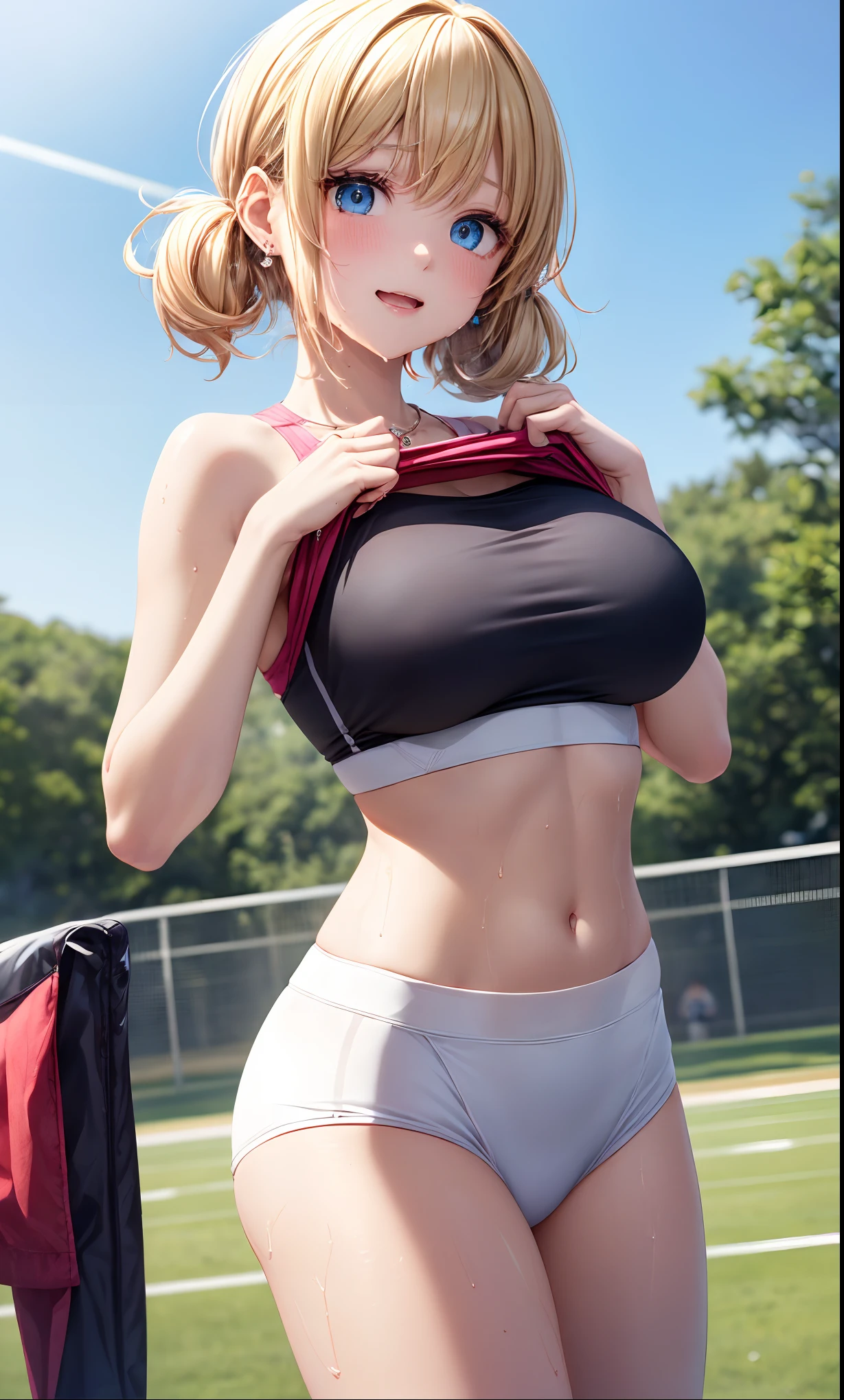 absurderes, ultra-detailliert,bright colour, extremely beautiful detailed anime face and eyes, (独奏:1.6), ;D,(Sports Bra Lift:1.3),(Under the breasts:1.3) (Park at dusk:1.3)、(Surprise and embarrassment:1.3)、 shiny_skin,25 years old, Short hair, , asymmetrical bangs, (Blonde hair with short twin tails), Shiny hair, Delicate beautiful face, red blush,(Deep Blue Eyes:1.3 ) White skin, hair clips, earrings, 1 necklace,Wet、