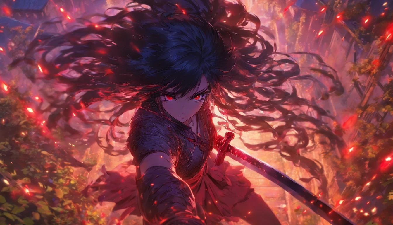 masterpiece, best quality, 1girl, black hair, red eyes, long hair, solo, beautiful, in the garden, historical fashion, bottom point of view, cool, with sword, ruby eyes, beautiful fingers,