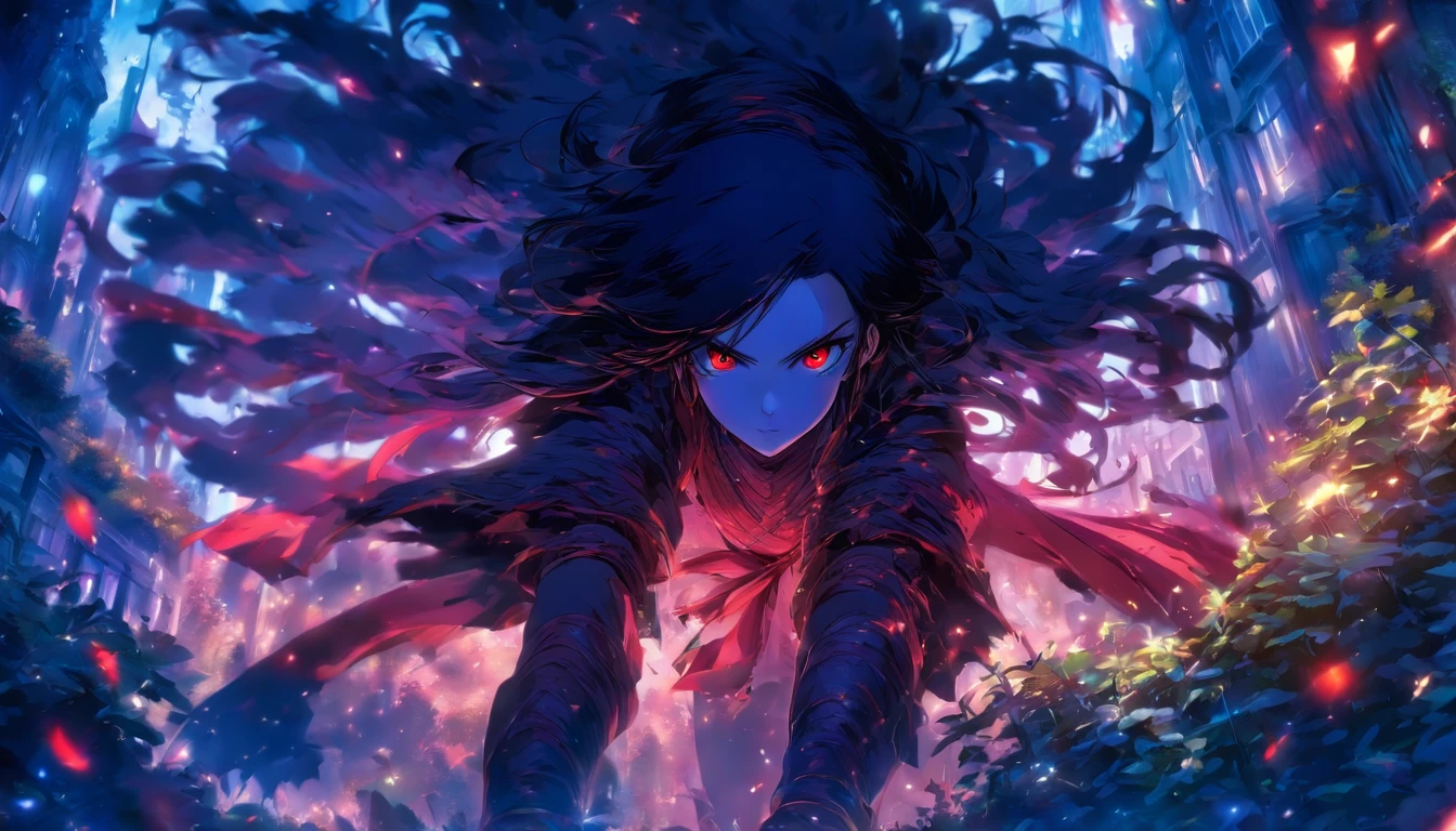 masterpiece, best quality, 1girl, black hair, red eyes, long hair, solo, beautiful, in the garden, historical fashion, bottom point of view, cool, with sword, ruby eyes, beautiful fingers,