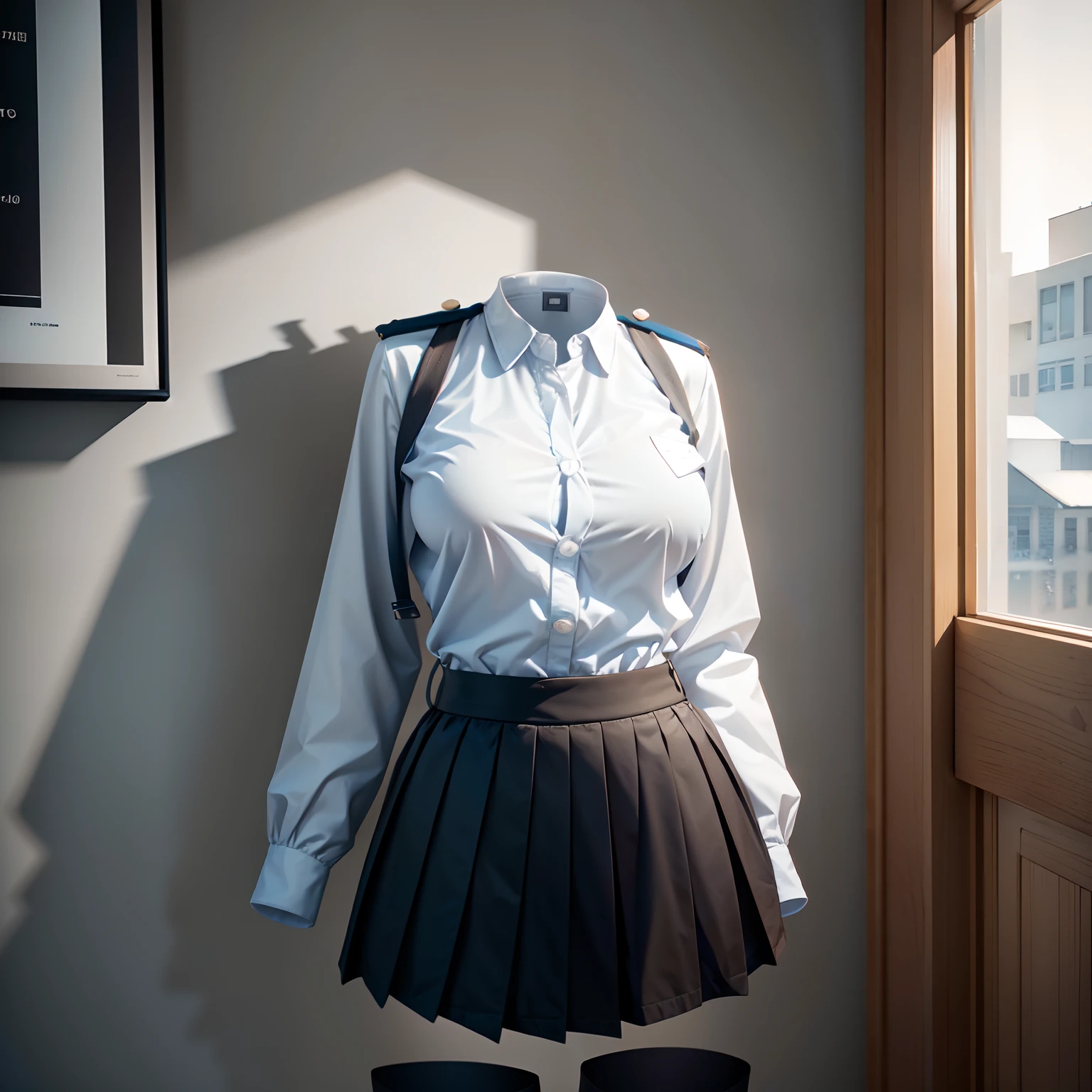 school uniform on hanger, school uniform swells as if worn by invisible girl,  ((invisible, no humans:1.5, headless:1.5, handless, legless)), big breast, (close-up to breast), 
(8k, RAW photo, best quality, masterpiece:1.2), (realistic, photo-realistic:1.37),photon mapping, radiosity, ((Hasselblad photography)),physically-based rendering, (hyper realisitic), (8K), (Extremely detailed), (Best Illustration), (Best Quality), (Ultra-detailed)