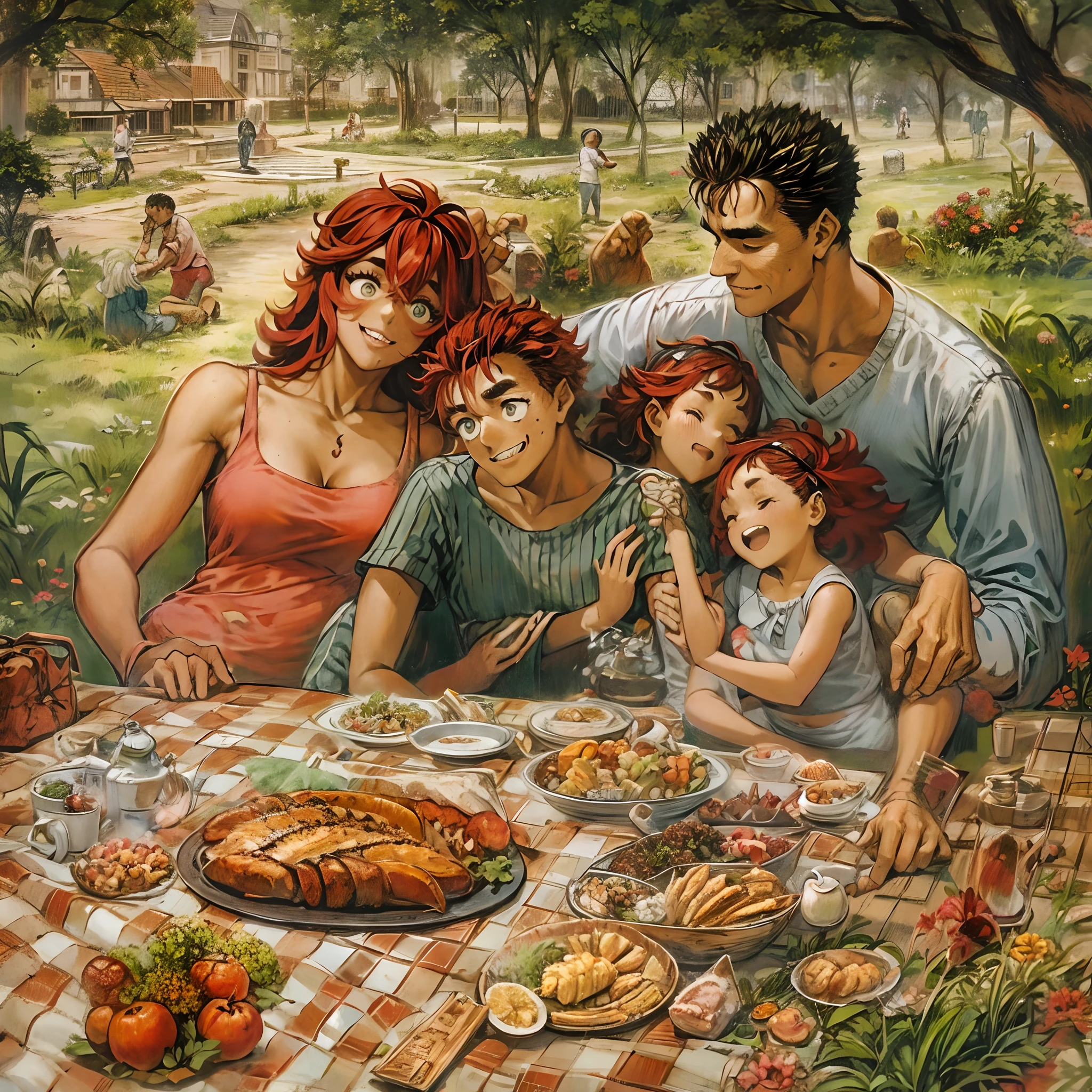 suletta, guts, couple, husband and wife, suletta motherly, wife, mother and son, children , family, happy, red hair suletta, black hair guts, picnic garden