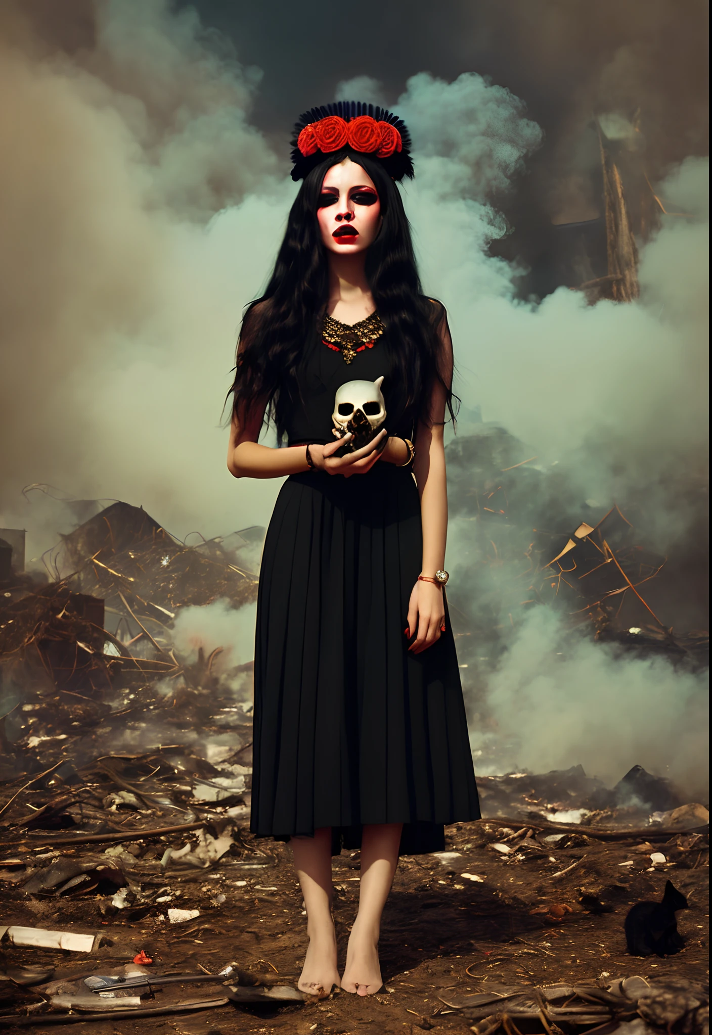 beautiful woman long black hair red makeup long dress red and black two colors bracelets and bracelet headdress with a black vel standing inner body looking at the viewers calling them holding a skull in her hand and on the ground streams smoke and a destroyed environment light Toxic yellowish background and mutations in small animals like frogs and intricate black cats, cinematic Kodak quality
