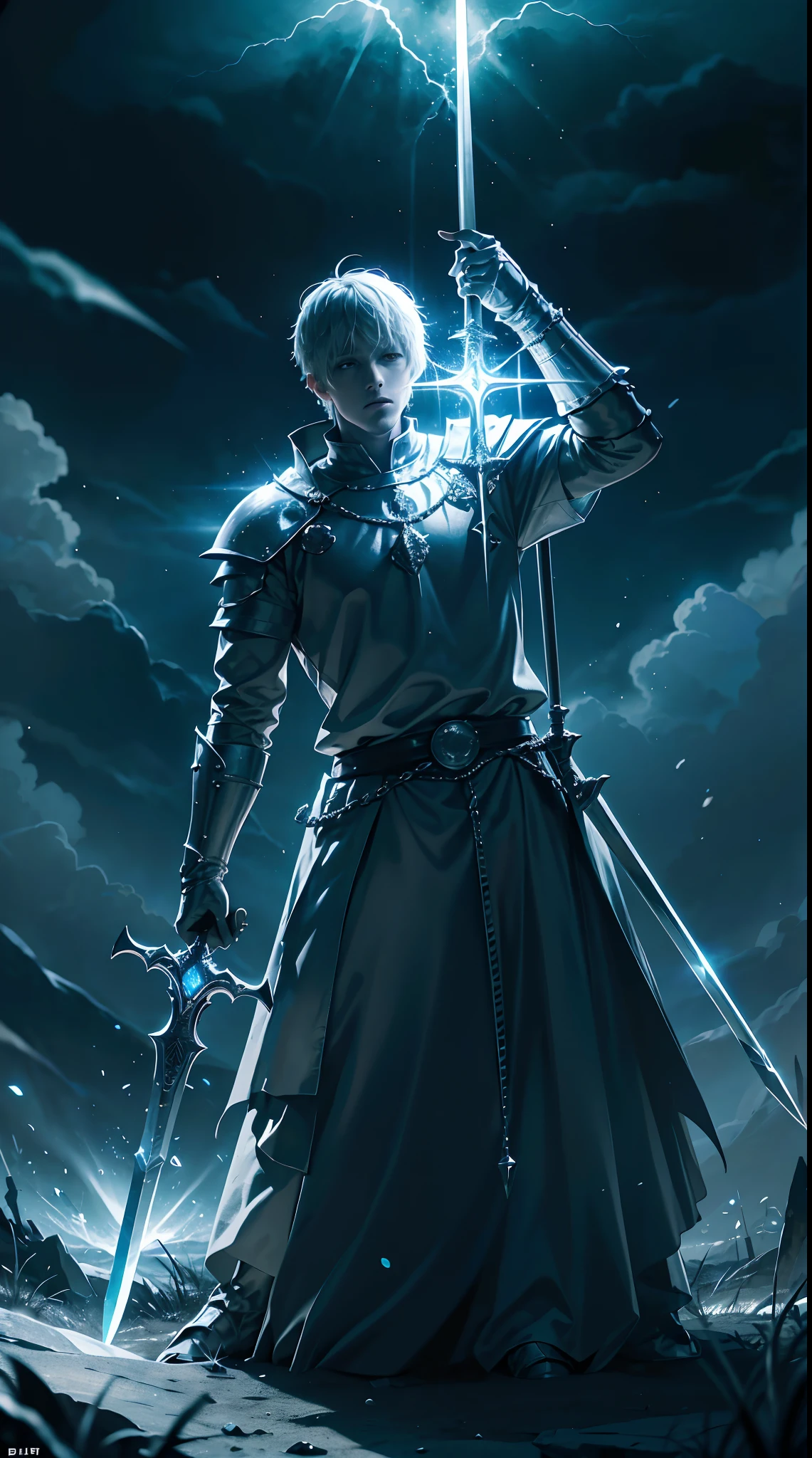 King Arthur Pendragon pulled out the sword Excailibur which was stuck in a stone, beside King Arthur stood members of the 10 knights of the round table, Interstellar background, Lightning effects the atmosphere, HD lighting and dark )<=(epic image quality)dark atmosphere with bright particle light(many effects in background)