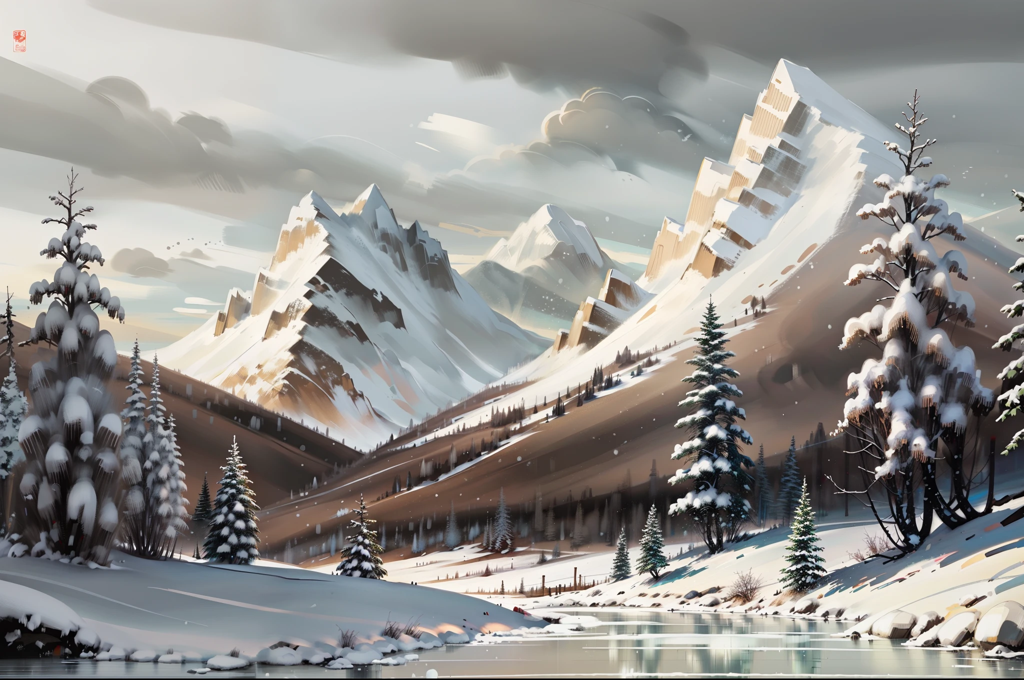 snow mountains, Heavy snowy weather, a little white wolf in the distance，Ultra HD, Super detail, Best quality, High quality, 16k