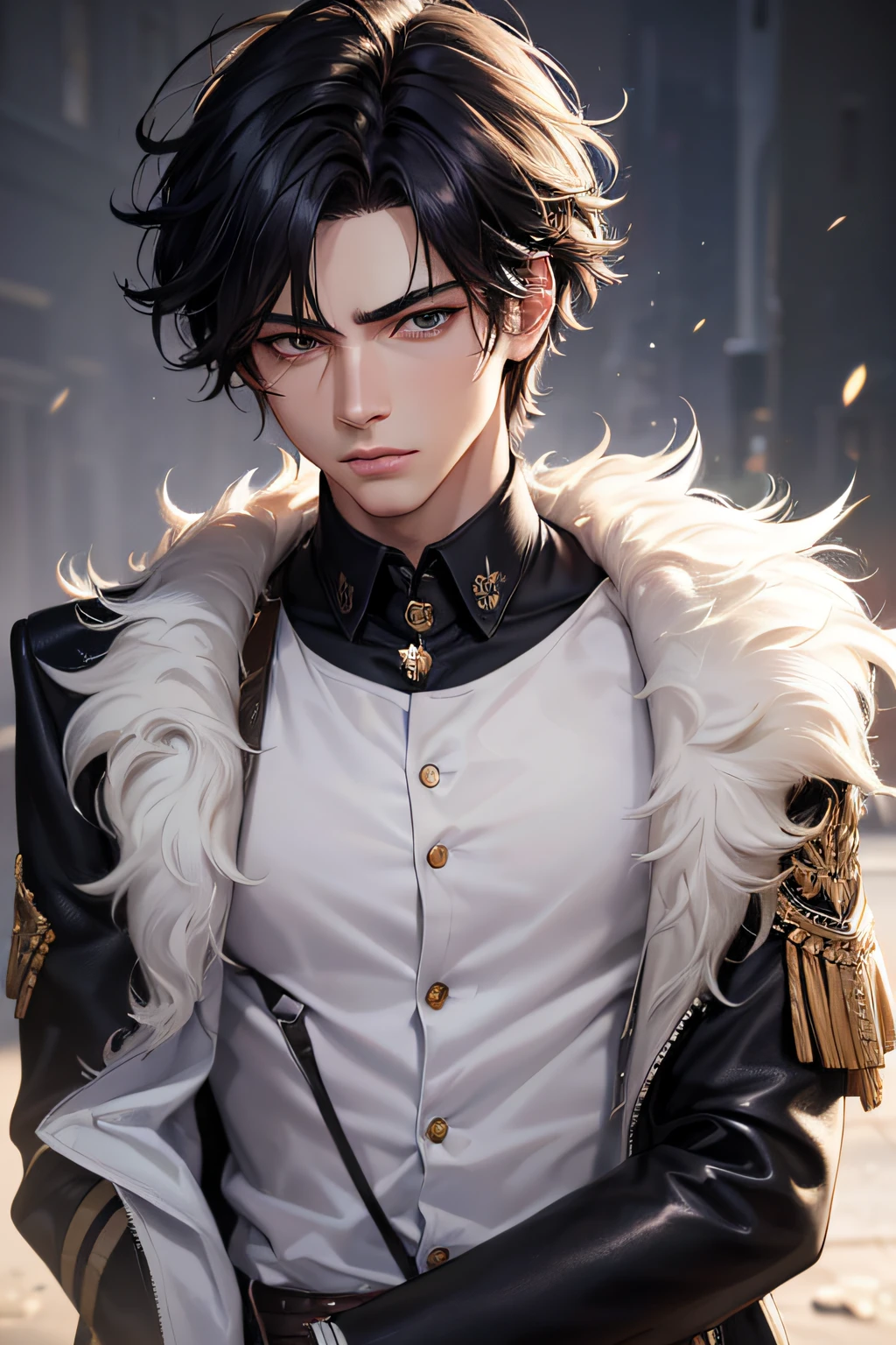 "(best quality,4k,8k,highres,masterpiece:1.2),ultra-detailed,(realistic,photorealistic,photo-realistic:1.37), manhwa art european 17 year old boy, ivory skin, messy bedhead jet black hair, piercing emerald eyes, emerald irises, wearing black coat with school logo on pocket, sharp jawline, piercing gaze, cold and mysterious character, 8k, detailed features, very handsome, dreamy look on his face, bright lighting, blurred background