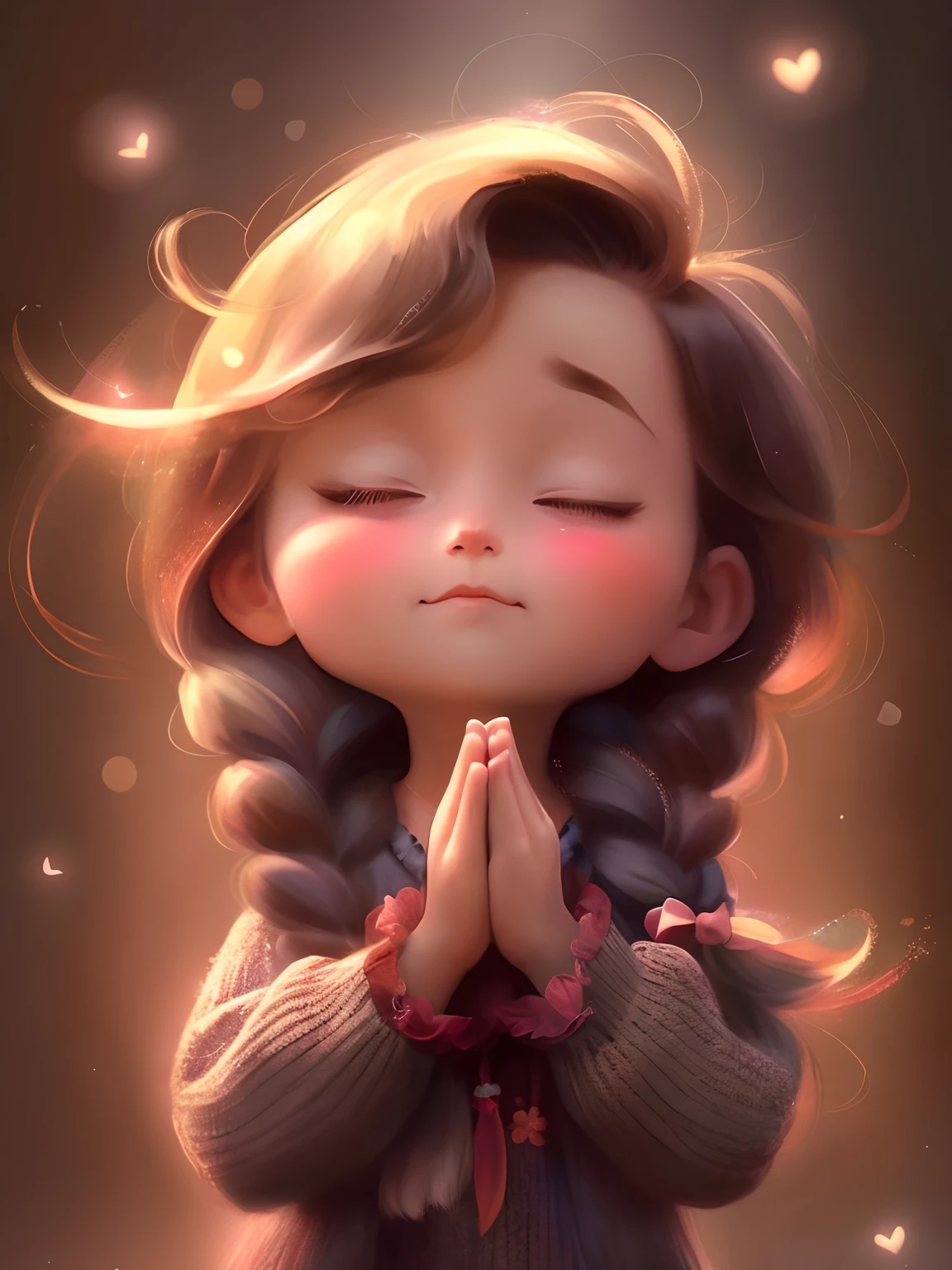 A cartoon girl with long hair and sweater prays, lovely digital painting, adorable digital art, Cute detailed digital art, Cute cartoon character, trending on cgstation, cute character, emotional concept art, Guviz-style artwork, Beautiful digital artwork, Ross Tran 8 K, cute 3 d render, Rosla global lighting, Beautiful digital illustration