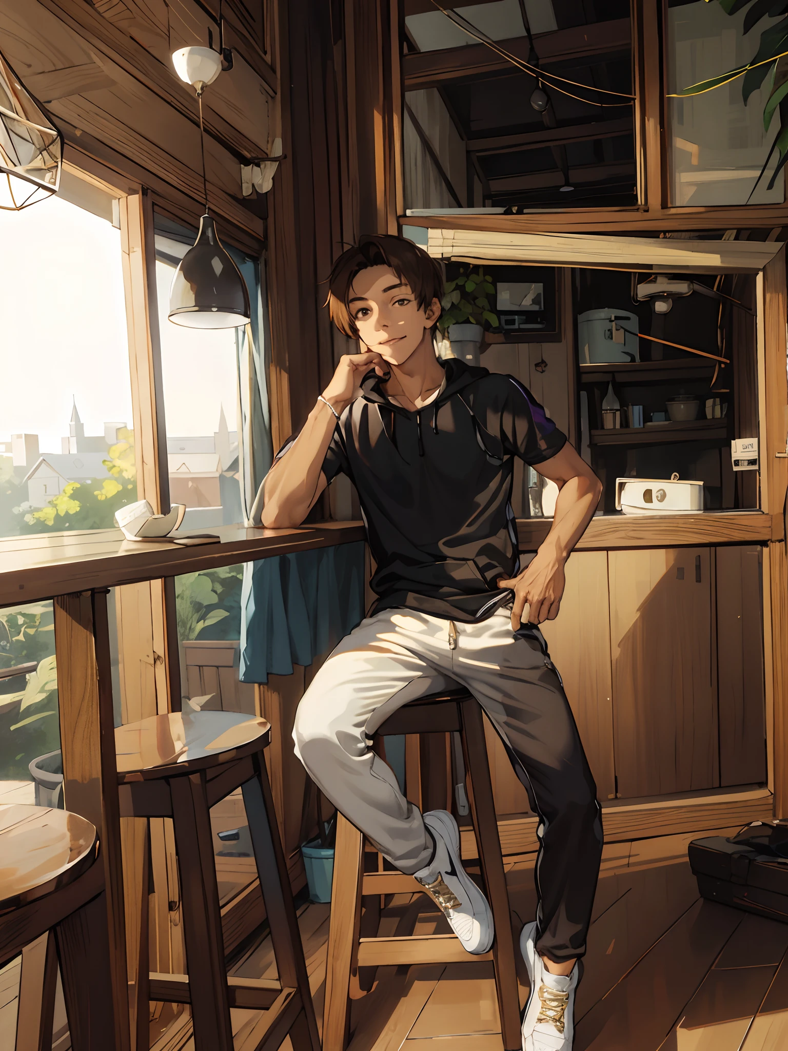 masterpiece, solo, best quality, 1 male, adult, tall muscular, handsome, finely detailed eyes, intricate details, casual clothes, oversized hood, shorts, tennis shoes, messy brown hair, mid length hair, complex pattern, best light and shadow, background is inside of house, sitting, dappled sunlight, day, depth of field, plants, summer, colorful, artistic, depth of field, smile, closed mouth