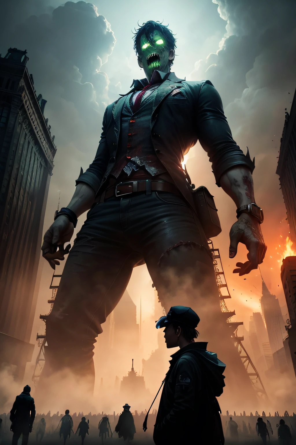 Zombies as big as the Eiffel Tower are destroying buildings in New York、Zombies look just terrifying、creepy atmosphera、People in the city fleeing々