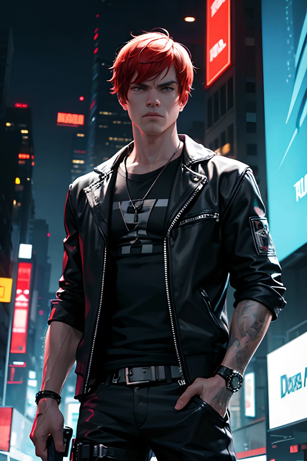 Dexter Morgan, Neon, Cyberpunk city. with a knife in his hand. detaled face, Detailed clothing