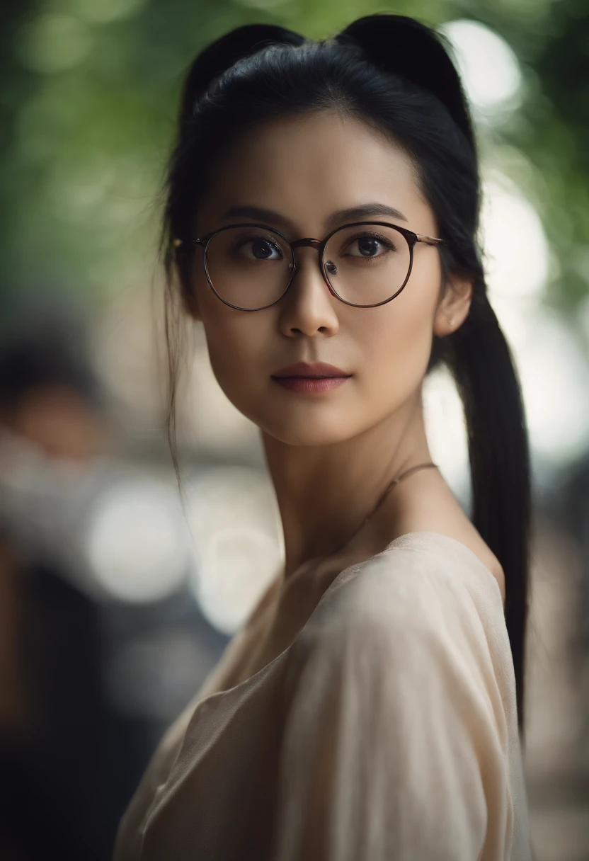 1 woman, asia girl, black hair, glasses, ponytail, masterpiece,best quality, beautiful, Soft lighting