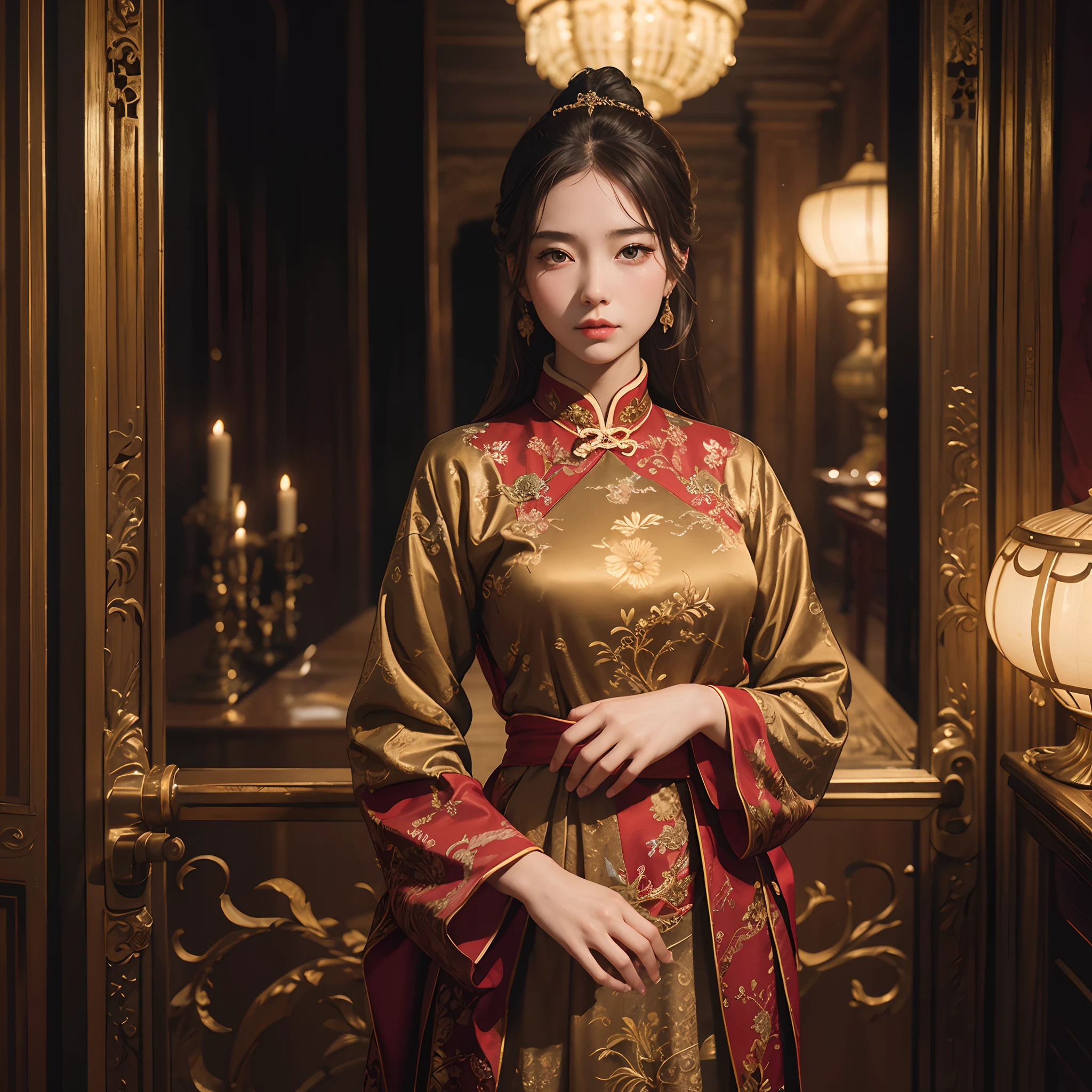 From movie stills, depth of fields, Piece of art, masutepiece, Super Detail, High quality, awardwinning, 8K, Photorealistic, girl, Solo, In the Palace of China, historic, Portrait Style, At night, Natural light, 16th century, Elegant, Detailed fingers