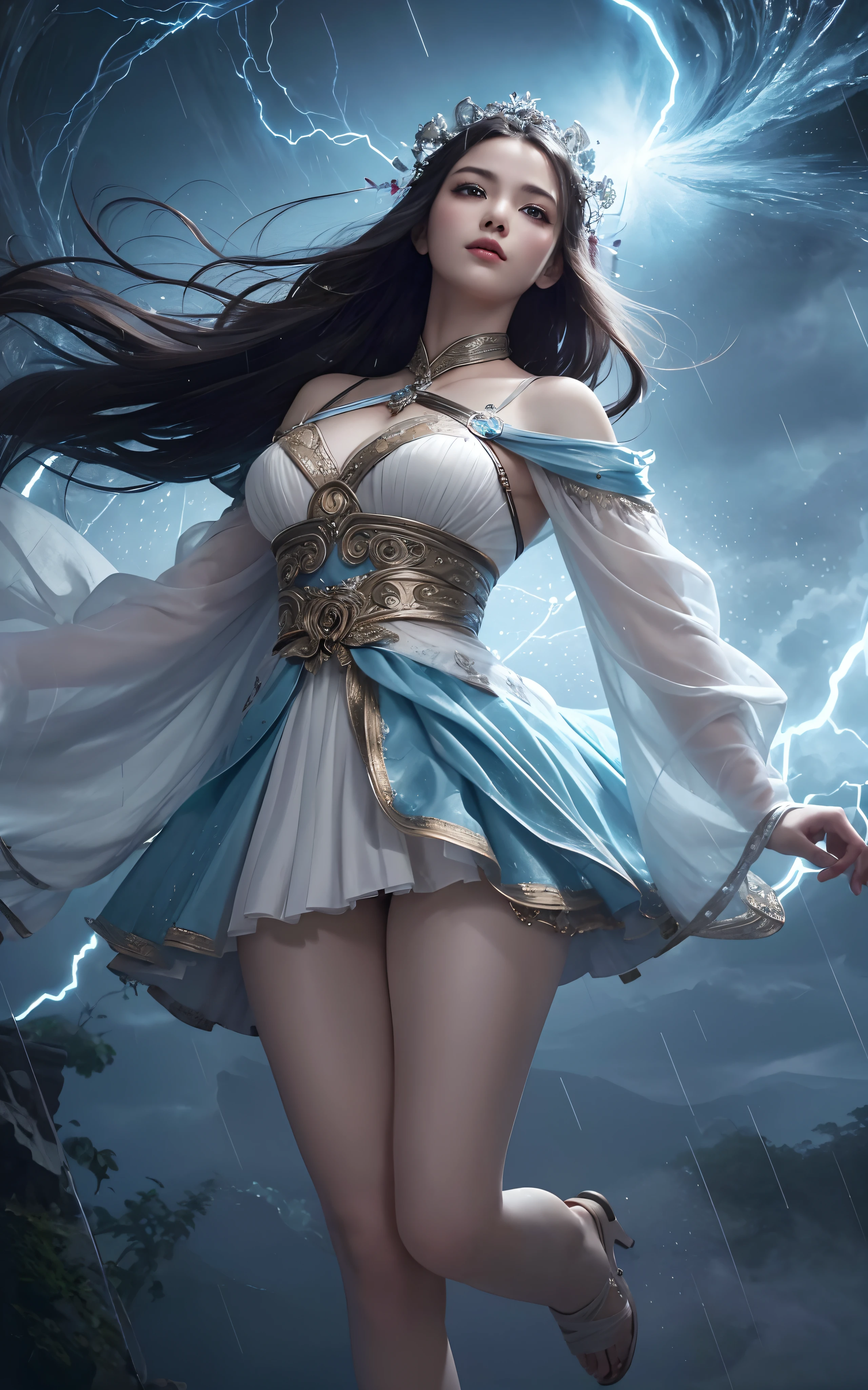 Write a captivating scene where the magestic goddess of whirlwind (floating) harnesses the power of lightning and rain while suspended at the epicenter of a massive, swirling whirlwind , masterpiece, intricate detail, 8k hires, extremely detailed, ultra delicate and beautiful