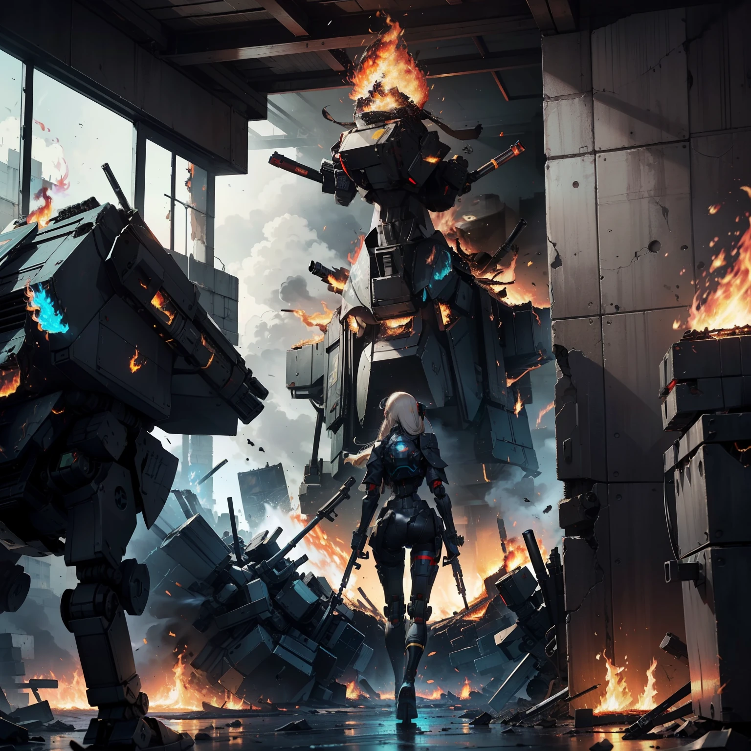 (Female soldier with strong body)、(((Fire machine guns to destroy enemy robots:1.4)))、1 Female 1 Robot、(Black combat uniform)、(platinum-blonde-hair:1.2)、Have multiple weapons、Running through the rubble、((超A high resolution))、Detail Write、​masterpiece、top-quality、extremely details CG、8K picture quality、Cinematographic lighting、lensflare、(Night combat)、((From the inside of the building to the outside))、Hyper-detailing、Android wreckage、cowboy  shot:1.4、From behind 、(HK416)、turned around、Detailed firearm depiction、Firearms with perfect detail、Fire-breathing barrel、As I ran、(dynamic ungle:1.4)、Scattered empty cartridge cases、Zoom Shots