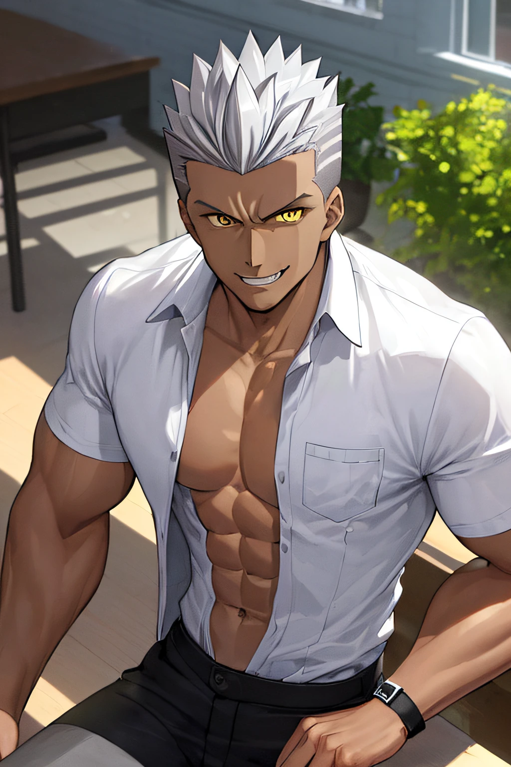 1 boy, male focus, Intricate details, 1 man, handsome, white hair, vibrant green eyes, slim muscles, anime, 19 years old, 19 years old, a small goatee,nudes, huge cock, show you huge cock
