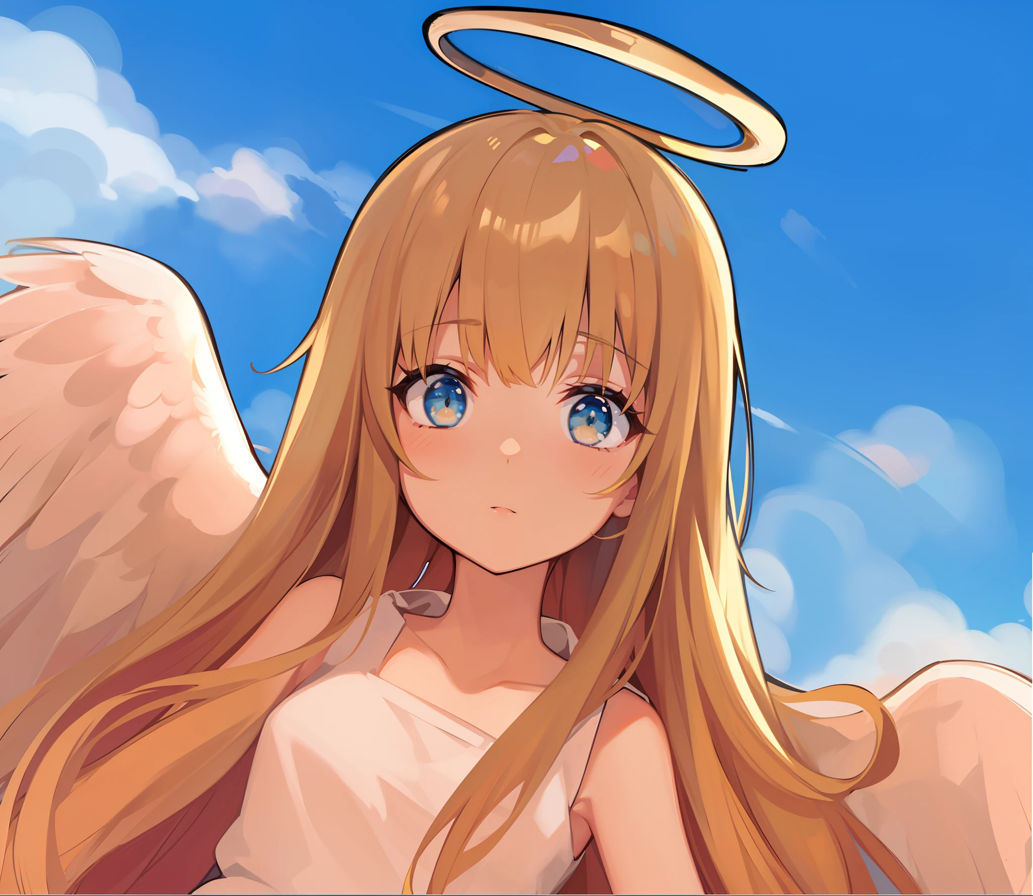 hiquality, tmasterpiece. the anime. (One Angel Girl). cuteface. blonde hair. white skirt. golden halo. Cyan eyes.  Against the background of the sky
