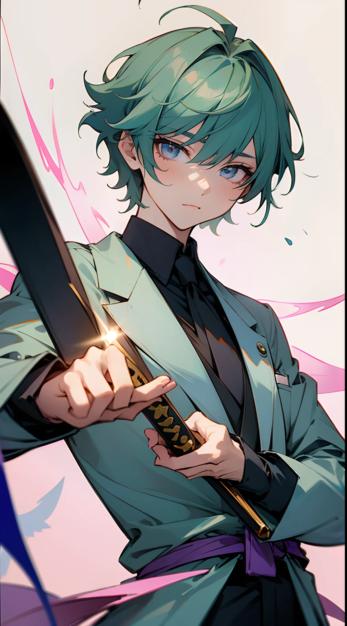 a close up of a person in a suit and tie with a sword, beautiful androgynous prince, sakimichan frank franzzeta, delicate androgynous prince, heise jinyao, handsome guy in demon slayer art, casimir art, zhongli from genshin impact, range murata and artgerm, keqing from genshin impac, green hair