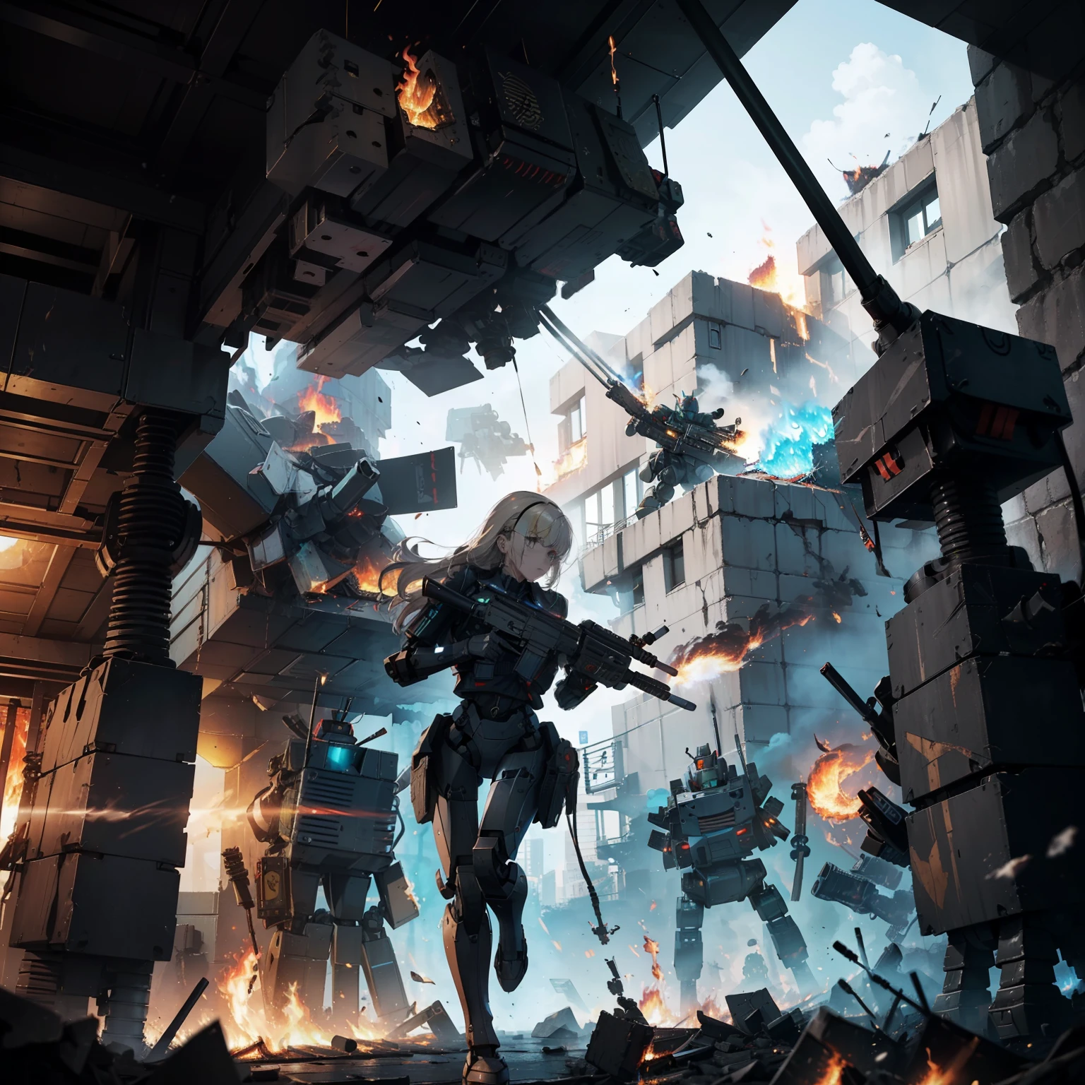 (Female soldier with strong body)、(((Fire machine guns to destroy enemy robots:1.4)))、1 Female 1 Robot、(Black combat uniform)、(platinum-blonde-hair:1.2)、Have multiple weapons、Running through the rubble、((超A high resolution))、Detail Write、​masterpiece、top-quality、extremely details CG、8K picture quality、Cinematographic lighting、lensflare、(Night combat)、((From the inside of the building to the outside))、Hyper-detailing、Android wreckage、cowboy  shot:1.4、From diagonally above 、(HK416)、turned around、Detailed firearm depiction、Firearms with perfect detail、Fire-breathing barrel、As I ran、(dynamic ungle:1.4)、Scattered empty cartridge cases、Zoom Shots