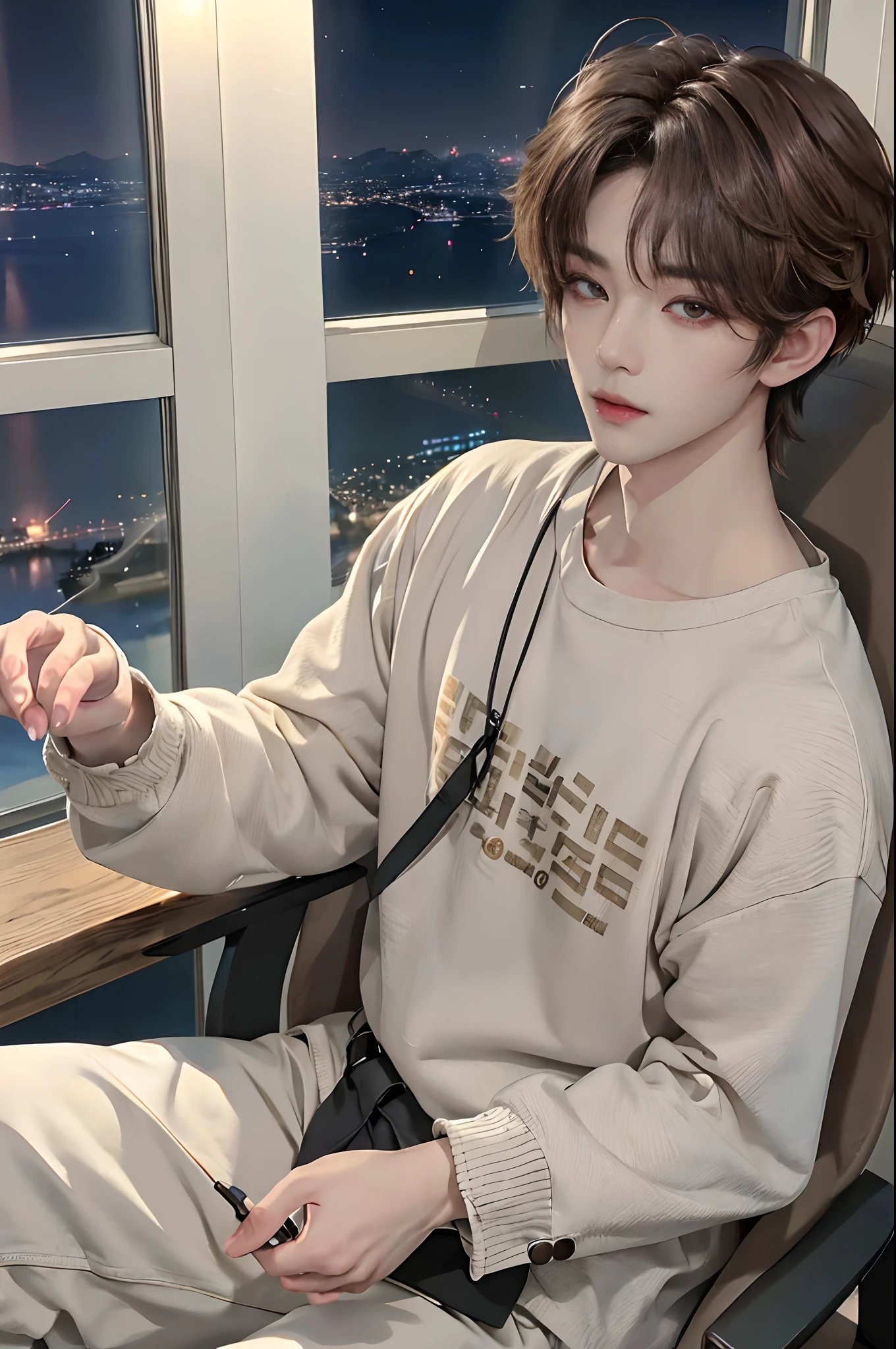 ((4K))、masterpiece、(top-quality)、((high-level image quality))、One Manly Boy、((Fashionable men's personal wear))、(Detailed beautiful eyes)、Stylish homeroom at night with a view of the night sky from the window、Take a selfie while sitting in a gaming chair in front of your PC、Face similar to Chaewon in Ruseraphim、((short hair above the ears))、((Smaller face))、((Neutral face))、((Light brown eyes))、((Korean boy))、((18year old))、((Handsome man))、((Wild look))、((Korean Makeup))、((elongated and sharp eyes))、((During game streaming))、((Take a selfie while playing a game))