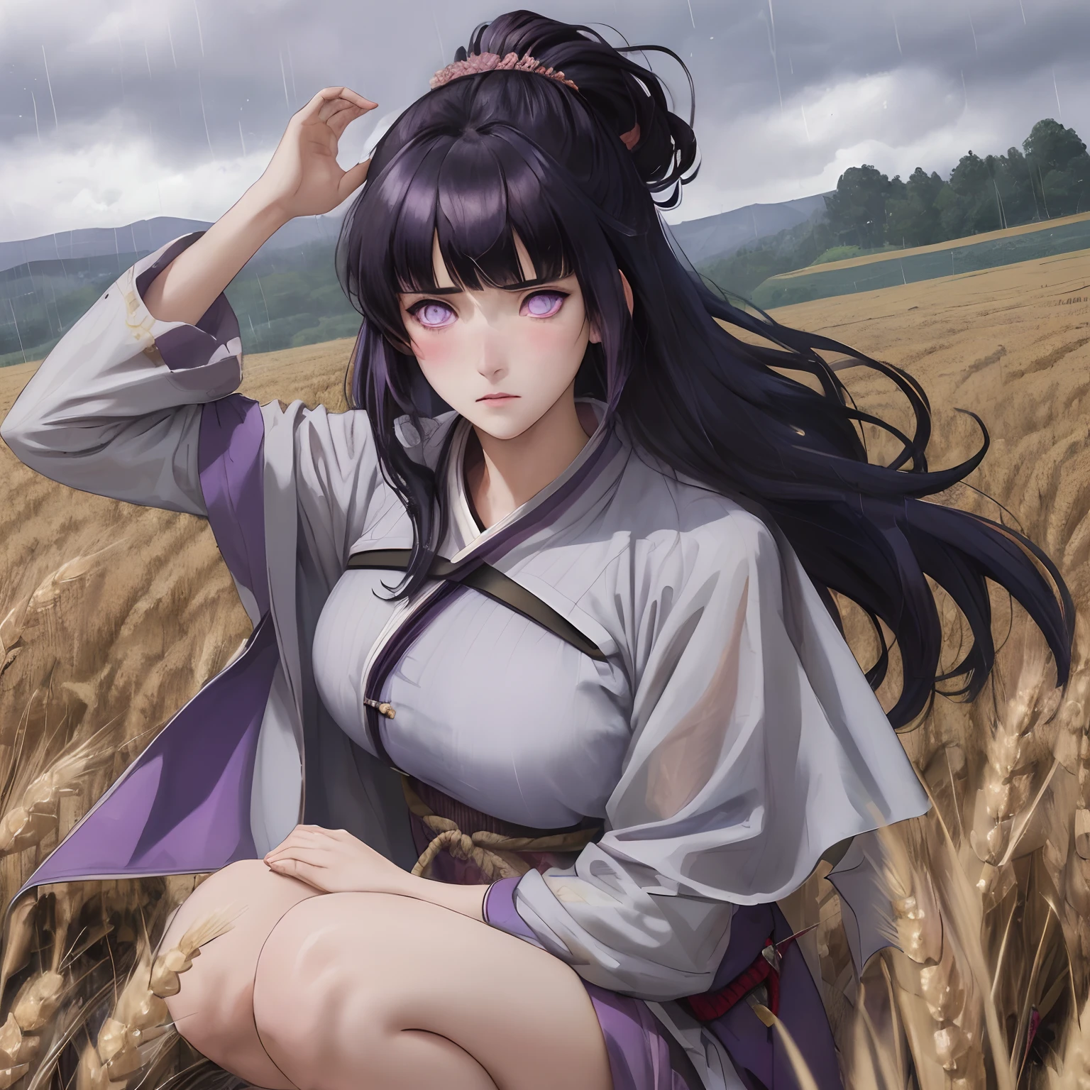 masterpiece, high detailed, high resolution, 4k, (1girl, solo, samurai armor, sad, depressed, mourning,Blunt Bangs, purple eyes, long dark blue hair, blush, no helmet, fit, on knees, pretty eyes, beautiful face), (rainy, wheat field, cloudy, sword in the ground), arms on knee, hair blowning, (perfect fingers)
