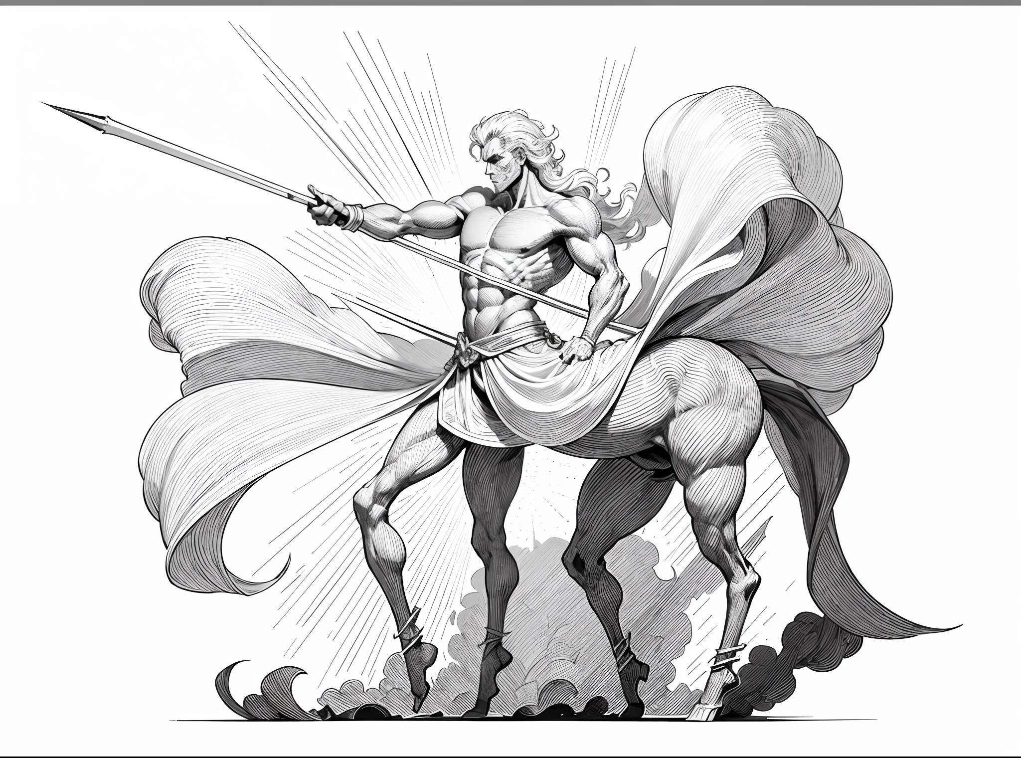 1 Centaur male holding spear line drawing,Line drawings,Plain white background,pencil drawing,Remove the background,Graphic design sense,Smooth black and white lines,Perfect curves,simple and clean lines,fluency,delicated face,No additional wiring is required,Perfect hand movements,Stretch out five fingers,(high high quality)(volumettic light)