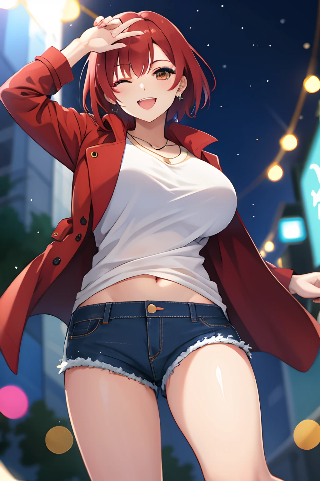 girl, short hair, red hair, brown eyes,happy smile,(one eye closed),(makeup),looking at viewer, big breasts,red jacket,denim shorts,from below,(one hand on leg),(bokeh)