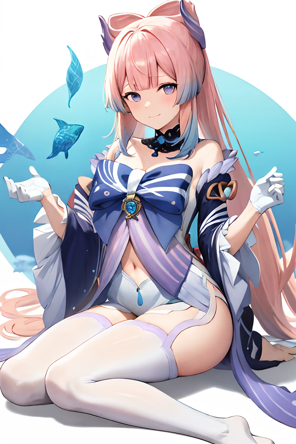 (Realistic painting style:0.9), masterpiece, best quality,  absurdres, looking at viewer, solo, sangonomiya kokomi (sparkling coralbone), no pupils, sangonomiya kokomi, 1girl, solo, pink hair, bow-shaped hair, long hair, sitting, looking at viewer, gloves, bare shoulders, water, bangs, multicolored hair, no shoes, white gloves, smile, purple eyes, wide sleeves, bow, blue hair, socks, gradient hair, full body, frilled sleeves, fish, white background, thighs, legs, jellyfish, blunt bangs, frills, blush, closed mouth, blue eyes, long sleeves, detached sleeves, knees up, very long hair, feet, wet, vision (genshin impact), hair ornament, water drop, colored tips, white socks, shorts, (large breasts:1.2), white thighhighs