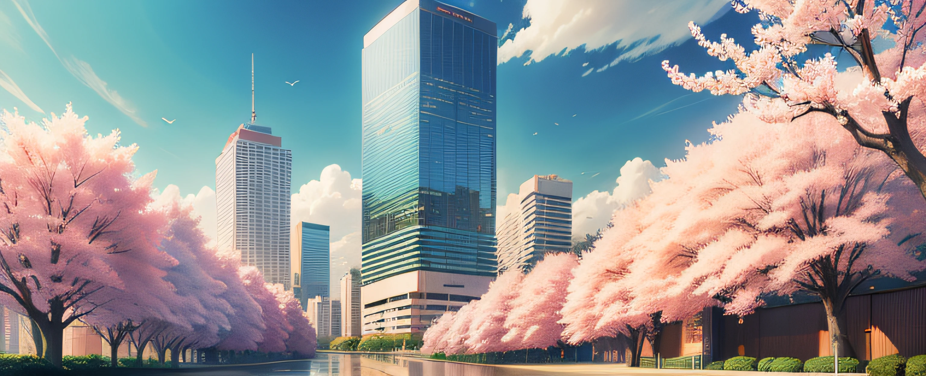 Anime scenery,author:Shinkai sincerely ,Skyscrapers , City , Garden ,Sakura Tree , Sakura Leaves Floating , Spring , Wind , Cloud , Sky , Day