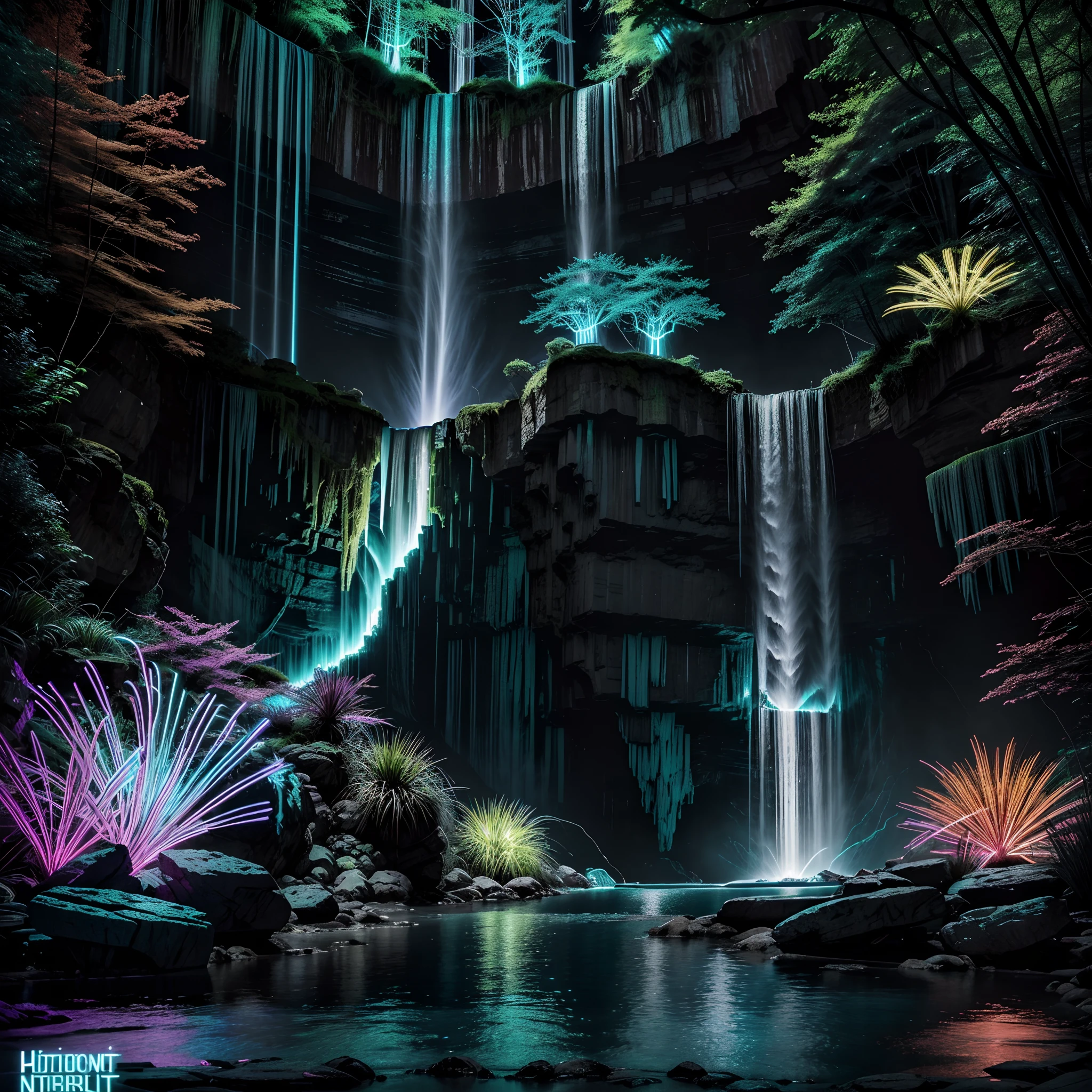 Create a visually captivating neon punk work of art displaying a mesmerizing waterfall glowing with bioluminescent colors. Emphasize the contrast between the natural beauty of the waterfall and the vibrant, electrifying tones of the surroundings. Use HDR and UHD quality to capture the richness of the scene. Artists: HR Giger (for surreal elements), Neon Demon (for neon color inspiration)