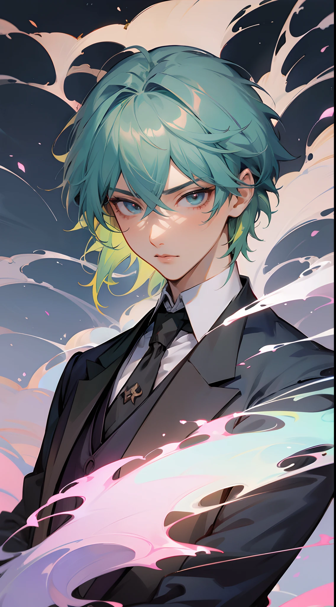 a close up of a person in a suit and tie with a sword, beautiful androgynous prince, sakimichan frank franzzeta, delicate androgynous prince, heise jinyao, handsome guy in demon slayer art, casimir art, zhongli from genshin impact, range murata and artgerm, keqing from genshin impac, green hair