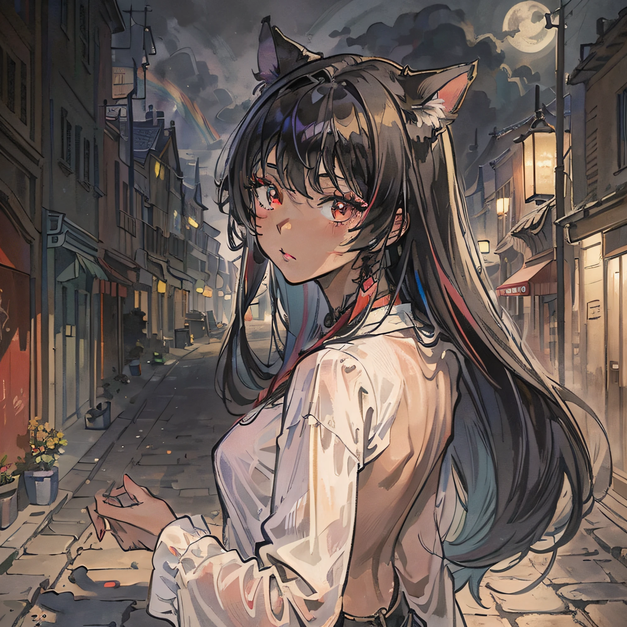 (top-quality、masterpiece)、A stunning、Take a cute cat、(rainbow-colored hair)、(Long hair)、fullmoon、backstreet, (Black skin tone), red eyes,