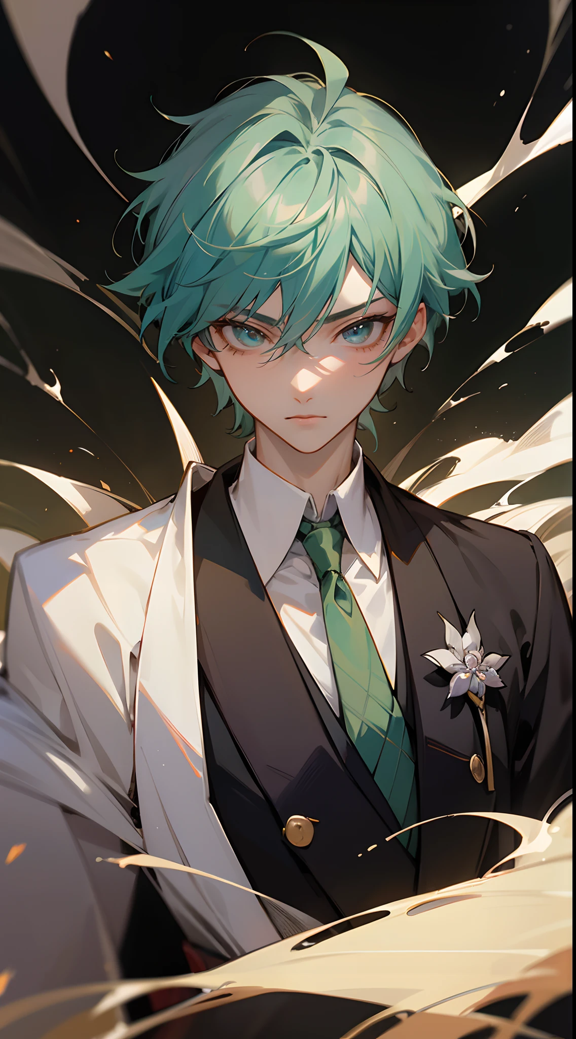 a close up of a person in a suit and tie with a sword, beautiful androgynous prince, sakimichan frank franzzeta, delicate androgynous prince, heise jinyao, handsome guy in demon slayer art, casimir art, zhongli from genshin impact, range murata and artgerm, keqing from genshin impac, green hair