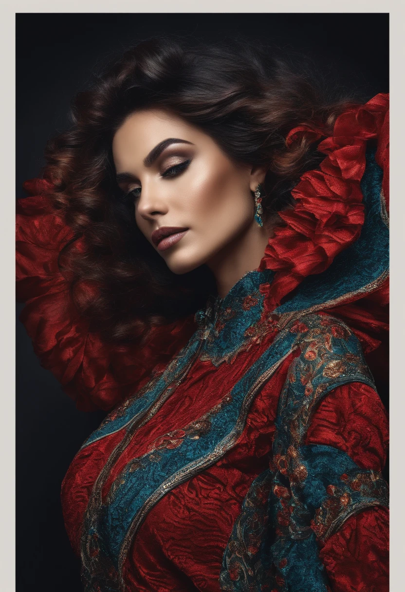 Mulher em roupas compridas com cabelo ondulado preto e olhos vermelhos,