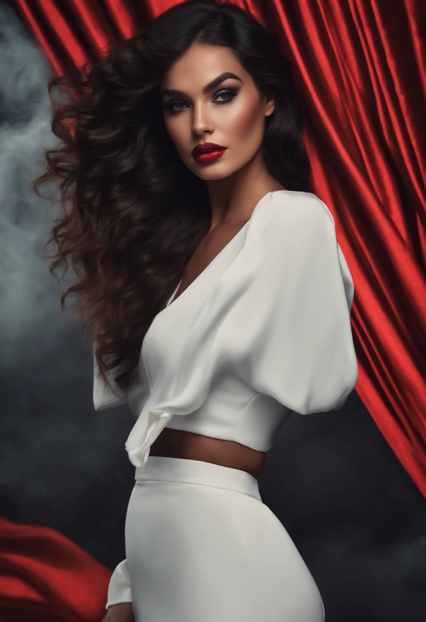 Mulher em roupas compridas com cabelo ondulado preto e olhos vermelhos,