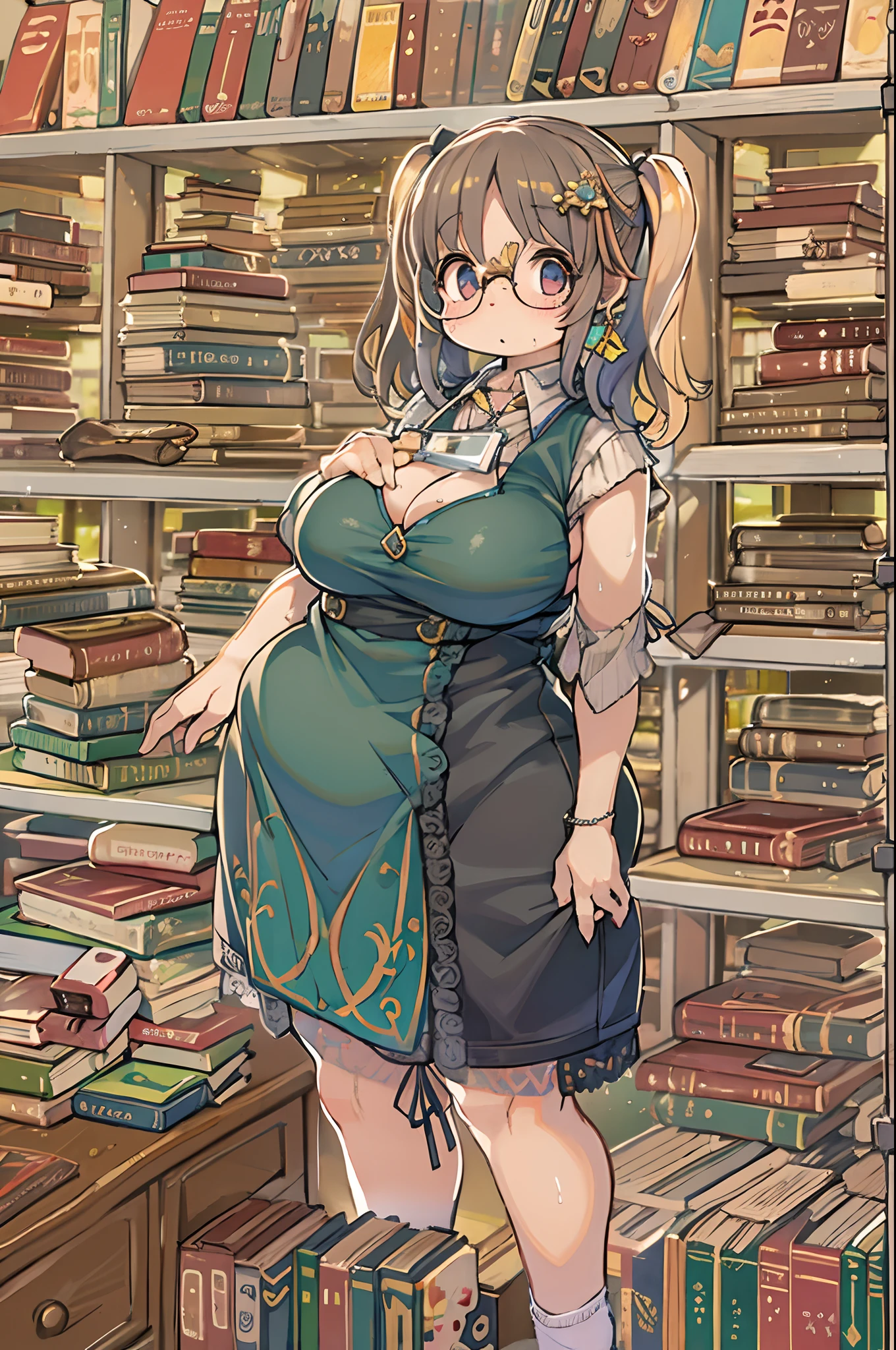 Huge library、1 librarian、One Woman、small round glasses、huge-breasted、(((((bbw)))))、pantyshot 、 up skirt、from behind、Panchira