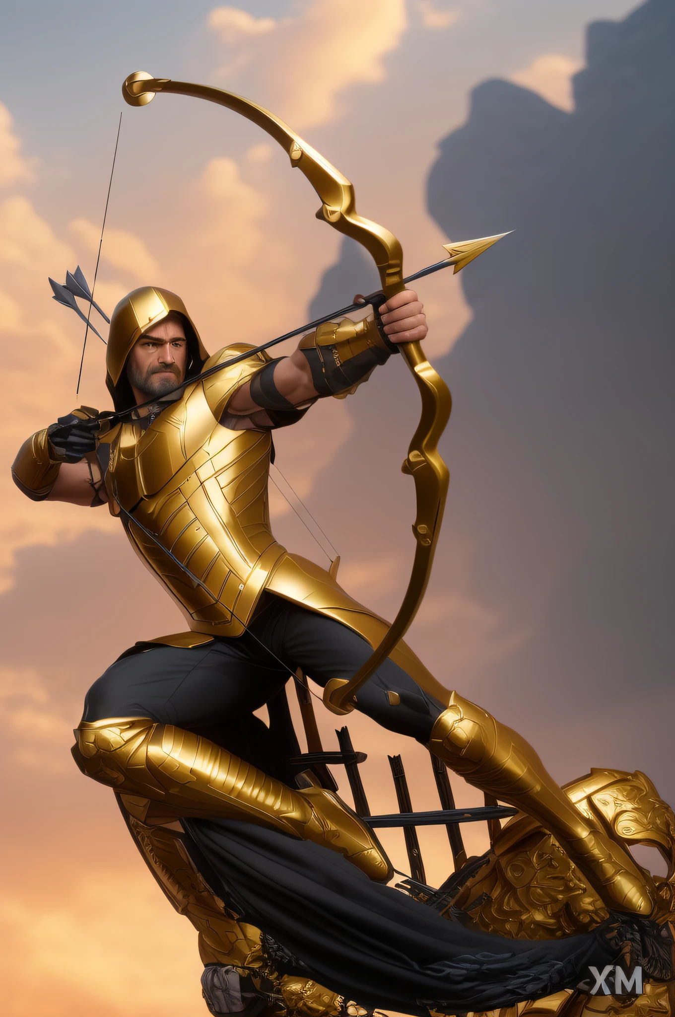 a close up of a statue of a man with a bow and arrow, arrow, sideshow collectibles, portrait shot, heroic shooting bow pose, super highly detailed, pointing his bow, incredibly realistic, a hyper realistic, profile shot, an ultra realistic, closeup portrait shot, full body close-up shot, heroic action pose, cg art, trending on zbrush central, fullbody portrait of a man wearing gold armor and stretching the bowstring, symmetrical face, heroic fantasy character concept, by Roman Bezpalkiv, ultra detail, studio shoot, cinematic angle, 85mm prime lens, day lighting, macro lens, iso 100, f/4, canon eos, canon 5d, --quality 100, --s 5000, --stylise 1250, --ar 2:3, --iw 10000