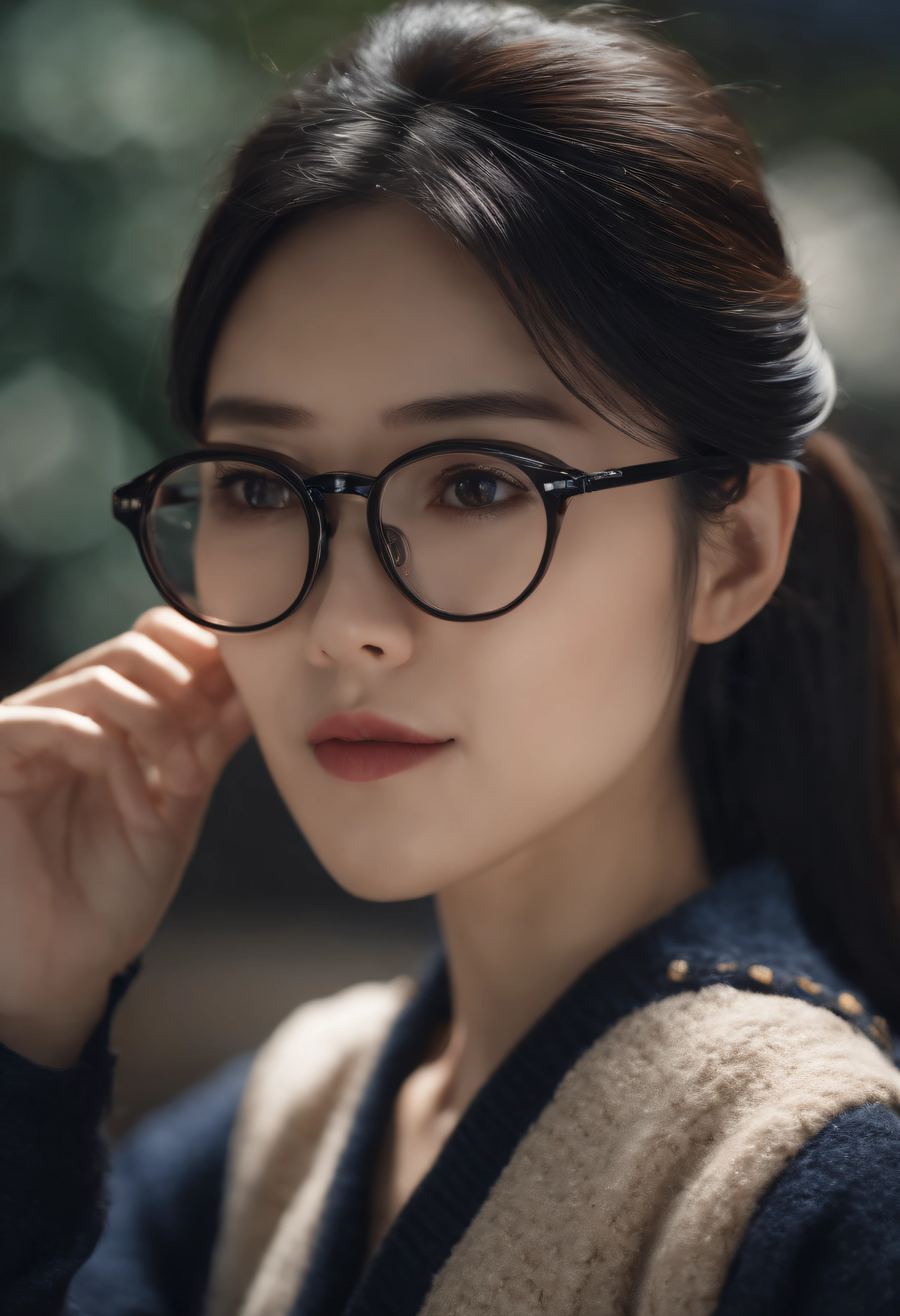 1 girl, Japanese girl, black hair, glasses, ponytail, masterpiece, best quality, beautiful, Soft lighting, 4k,  Details, detailed gorgeous face, cardigan, sharp focus