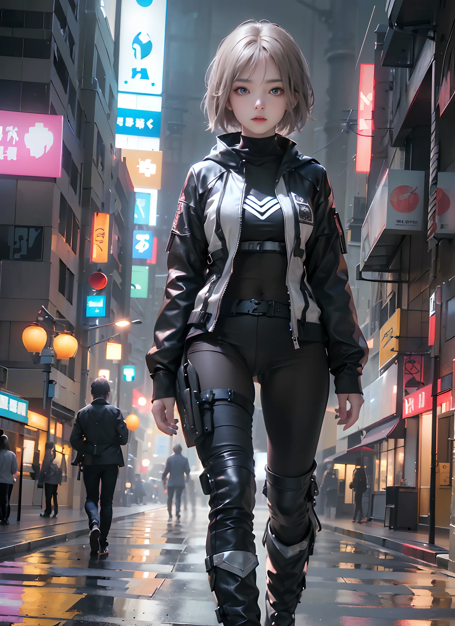 ((top-quality)), (((masterpiece)), (detaileds: 1.4), 3D, Beautiful Cyberpunk Woman Image, bob cuts, Broken black tights, leather clothes, Electromechanical, nffsw(HighDynamicRange), Ray traching, NVIDIA RTX, Hyper-Resolution, Unreal 5, Sub-surface scattering, PBR Texture, Postprocess, Anisotropy Filtering, depth of fields, Maximum sharpness and acutance, Multilayer Texture, Albedo and Highlight Maps, Surface Coloring, Accurate simulation of light-material interactions, perfectly proportions、octane renderings、two tone lighting、Large aperture、Low ISO、White Balance、thirds rule、8K Raw、masterpiece、top-quality、(8k extremely detailed CG unit wallpaper)(top-quality)、(The best illustrations)、(Best Shadows), innocent blue eyes, body swimsuit, poni hair