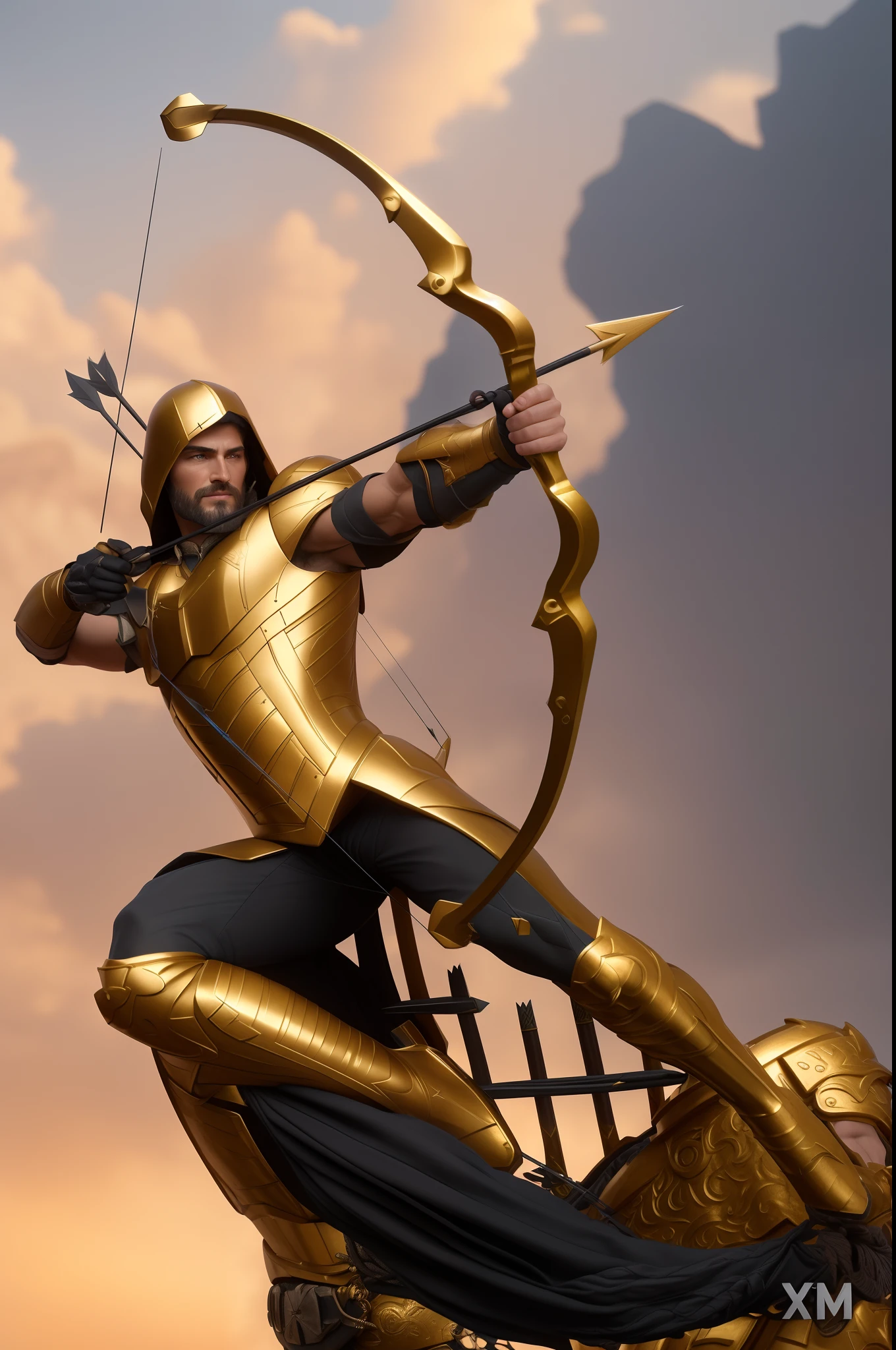 a close up of a statue of a man with a bow and arrow, arrow, sideshow collectibles, portrait shot, heroic shooting bow pose, super highly detailed, pointing his bow, incredibly realistic, a hyper realistic, profile shot, an ultra realistic, closeup portrait shot, full body close-up shot, heroic action pose, cg art, trending on zbrush central, fullbody portrait of a man wearing gold armor and stretching the bowstring, symmetrical face, heroic fantasy character concept, by Roman Bezpalkiv, ultra detail, studio shoot, cinematic angle, 85mm prime lens, day lighting, macro lens, iso 100, f/4, canon eos, canon 5d, --quality 100, --s 5000, --stylise 1250, --ar 2:3, --iw 10000