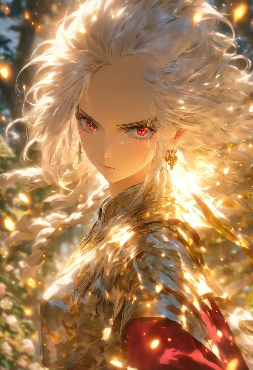 masterpiece, best quality, 1girl, silver hair, gold eyes, long hair, solo, beautiful, in the garden, historical fashion, standing, cool, with sword, ruby eyes, beautiful fingers, full body, photographed from below, bottom point of view