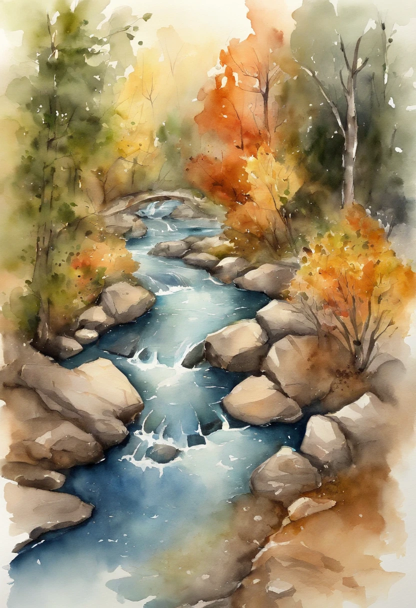 2.5D top-down view, Game map, ink wash style, Splash ink landscape, the woods, The stream flows from northeast to southwest, steins, There are sidewalks on the side of the stream, the detail, China-style,eventide,