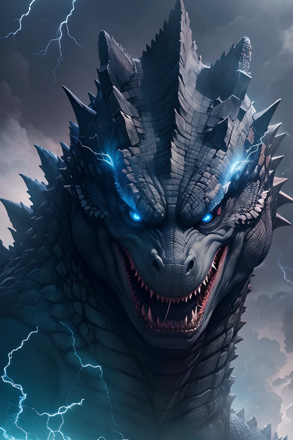 1 Godzilla frontal portrait,Body shape huge,The dorsal fin emits blue lightning, tosen, A grand spectacle, Oppressive atmosphere, surrealism, Chiaroscuro, Cinematic lighting, Wide shot, Masterpiece, ccurate, Anatomically correct, Super detail, High details, Best quality