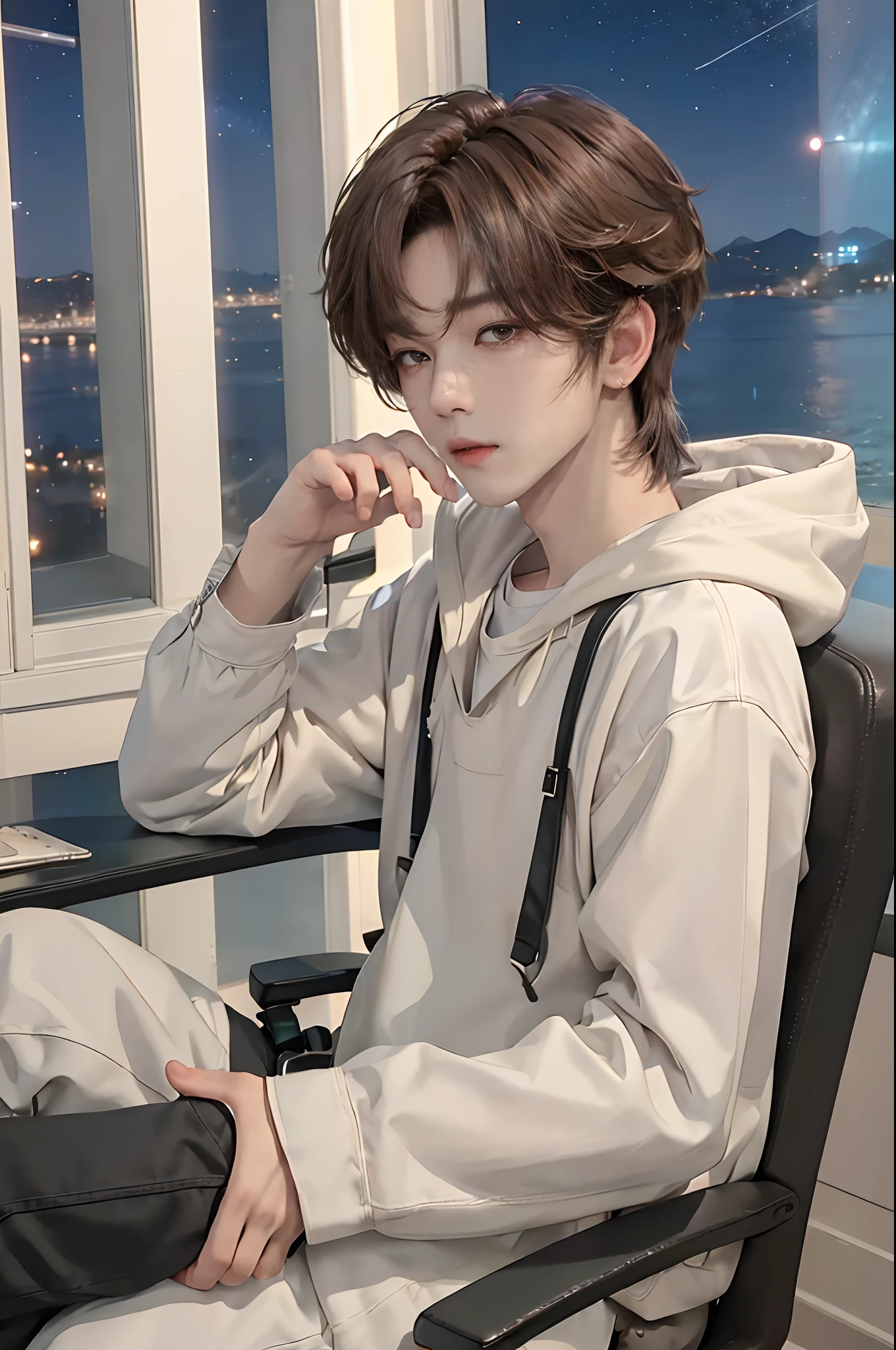 ((4K))、masterpiece、(top-quality)、((high-level image quality))、One Manly Boy、((Fashionable men's personal wear))、(Detailed beautiful eyes)、Stylish homeroom at night with a view of the night sky from the window、Sitting in a gaming chair in front of your PC during gameplay、Face similar to Chaewon in Ruseraphim、((short hair above the ears))、((Smaller face))、((Neutral face))、((Light brown eyes))、((Korean boy))、((18year old))、((Handsome man))、((Wild look))、((Korean Makeup))、((elongated and sharp eyes))、((During game streaming))、((During gameplay))