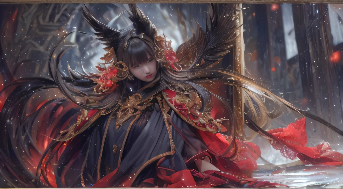 Fantasy Brunette Fairy Tale 32K,复杂,ellegance,highly detailed,A majestic,Digital photography,Top cinema lenses,surrealism painting,Broken rubies,Beating magic,Entwined water magic,(tmasterpiece,Cinematic light,Fine beautiful eyes:1.2),hdr,Void 5 Energy Storm,(China 1 girl,Black eyes:1.5),Rouge skin,Glowing skin,(sitting on the stone:1.5),delicated face,Black color hair,Wearing palatial red armor,cropped shoulders,The legend of the fantasy fairy,long skirt,Beautiful platinum armor,Rained,big breasts beautiful,looking at viewert,Face away from the camera,tmasterpiece,Side upper body,Side portrait close-up
Wait for it to start