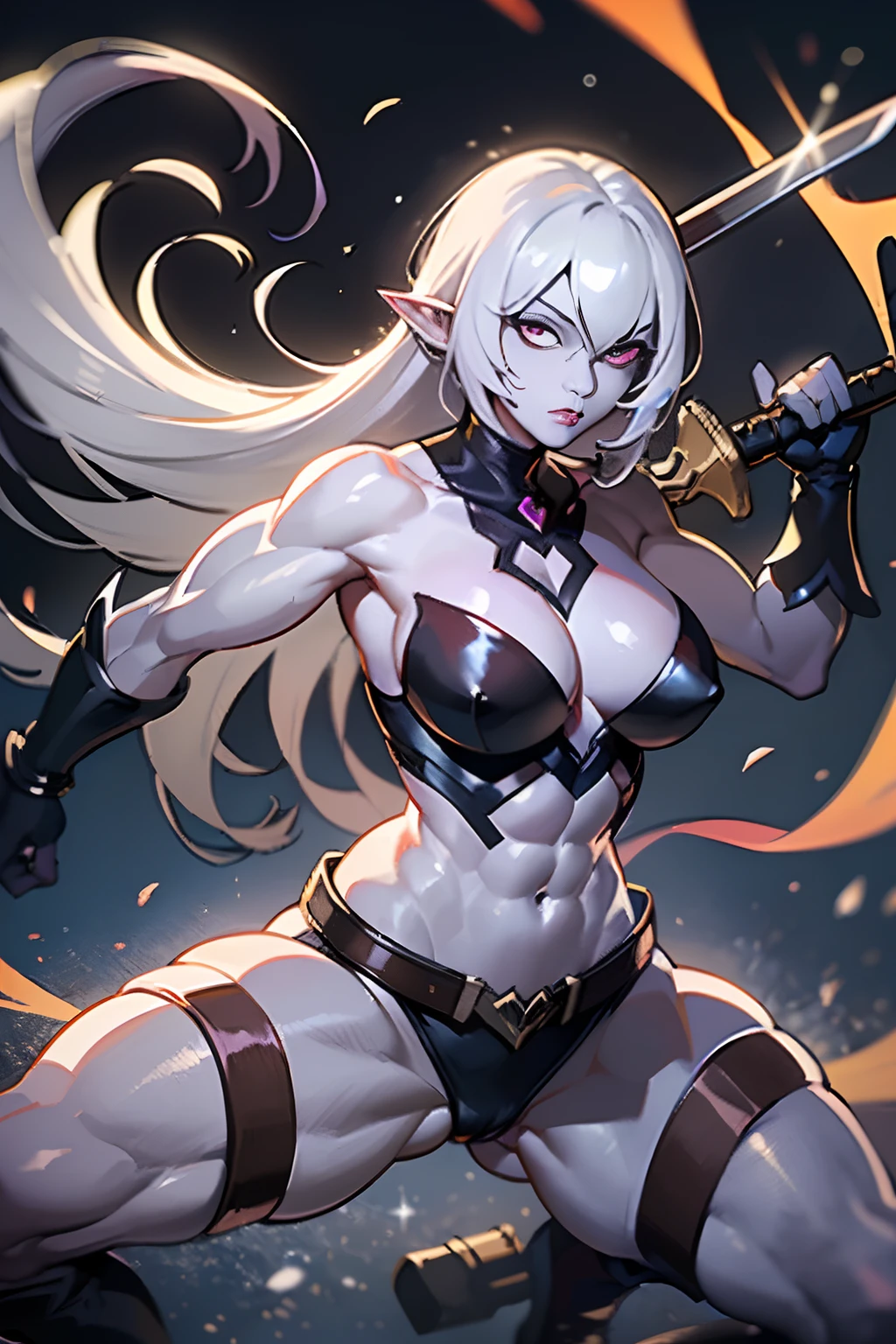 A beautiful muscular female Drow, wielding a long sword, fighting stance