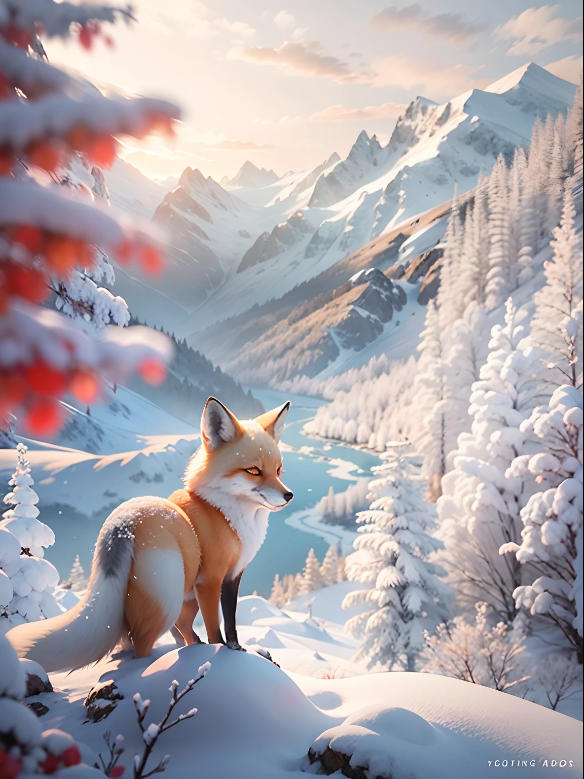 （Great view of the snowy mountains，Natural beauty），Beautiful and dreamy picture，Many trees，Frozen tree，crystal-clear。red fox：1.1。snow mountains：1.5。Cute white fox under snowy mountains, very very beautiful furry art, ethereal fox, White fox, 8K high quality detailed art, 4K verbs