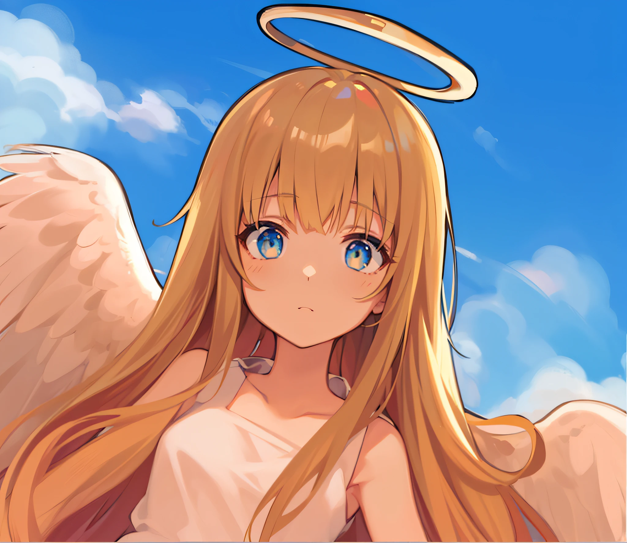 hiquality, tmasterpiece. the anime. (One Angel Girl). cuteface. blonde hair. white skirt. golden halo. Cyan eyes. Against the background of the sky