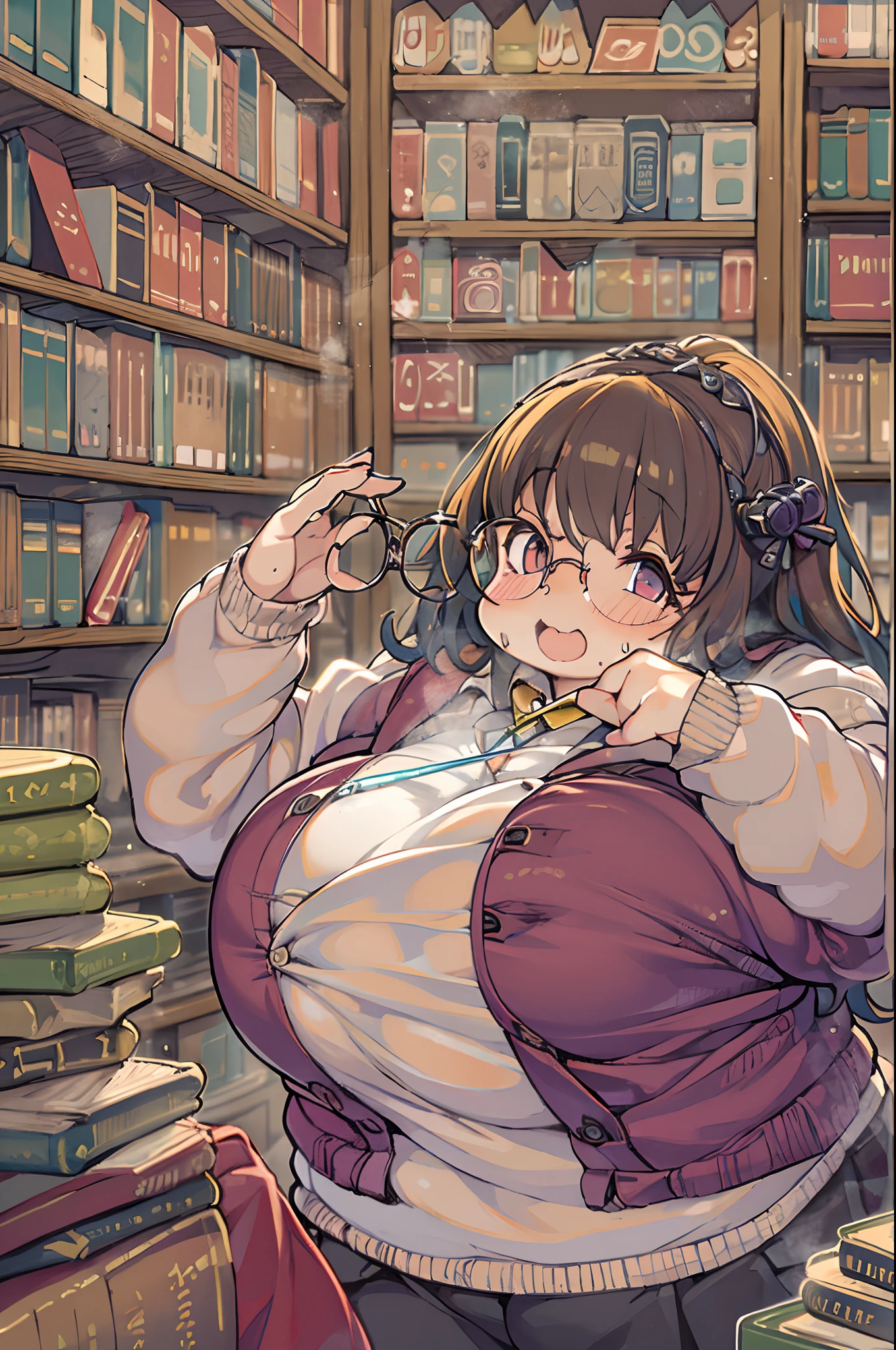 Huge library、1 librarian、One Woman、small round glasses、huge-breasted、(((((bbw)))))