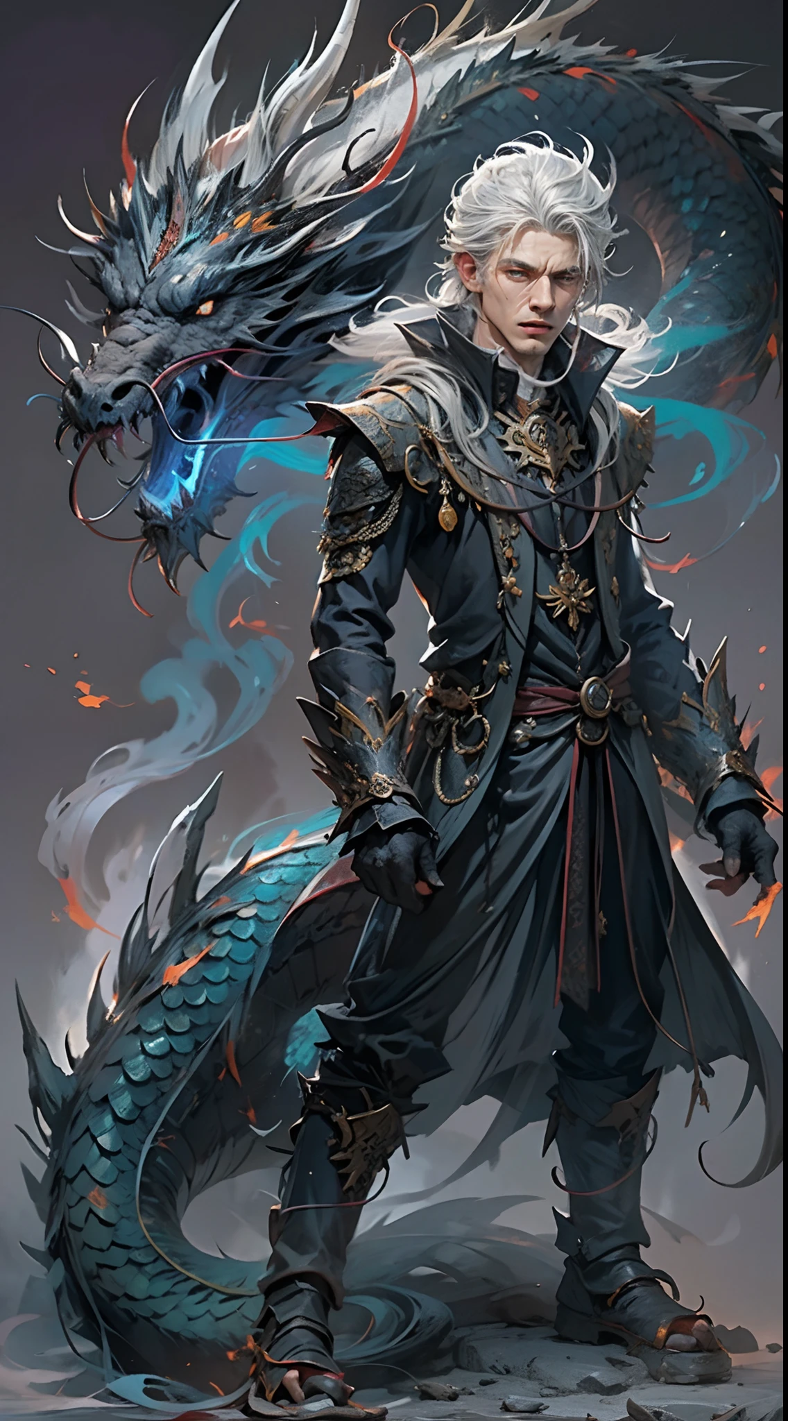 A high resolution，high detal，8K，（A boy:1.9），cool guy，high-definition face，Messy short silver-white hair and medium white hair standing at the ends，A gifted dark spell master，Black and white spell master set，A hand burning with blue flames，fire spell，A fierce black dragon leans against the protagonist，The is very detailed，Ultra-high sharpness，Thick coating，Dragons surround the background